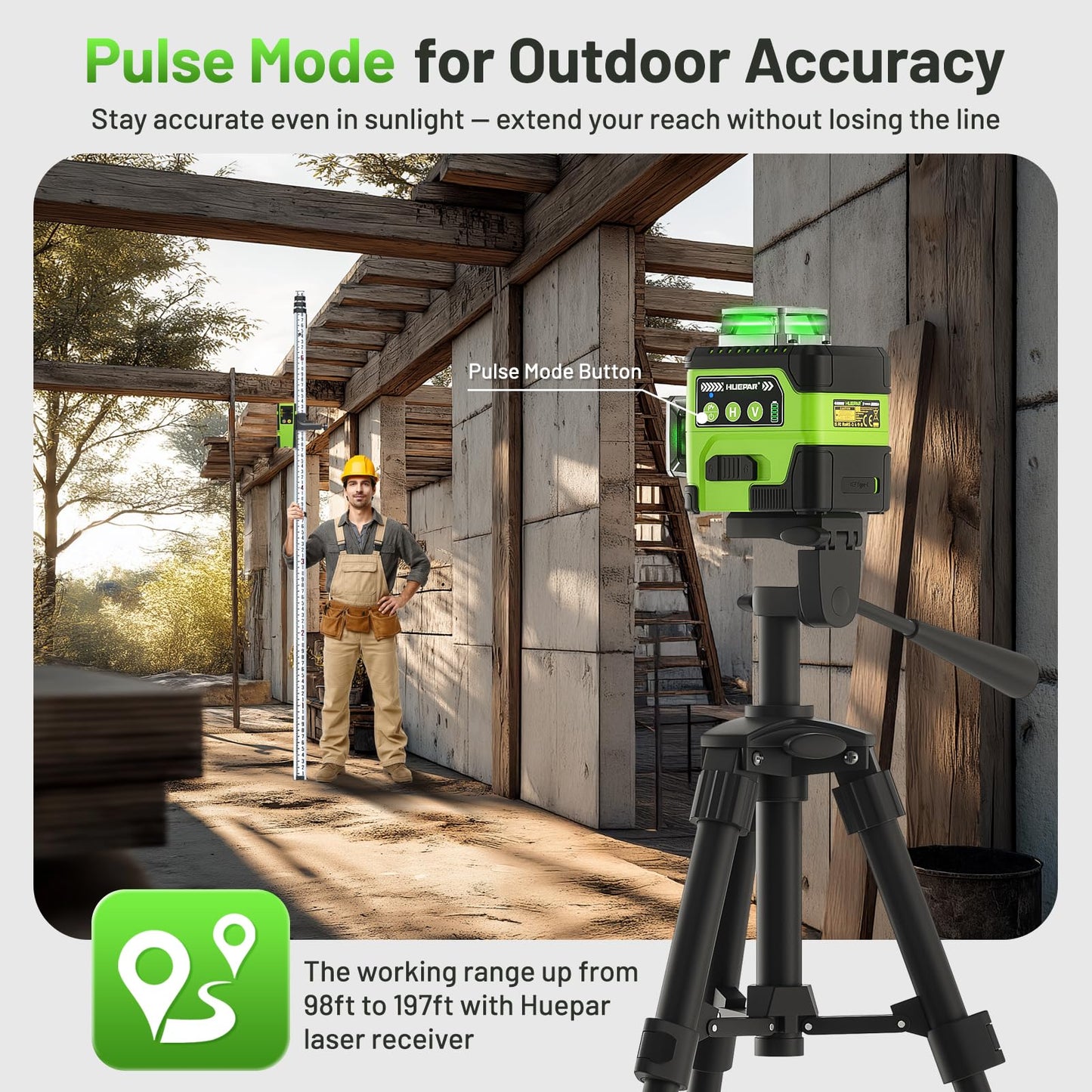 Huepar Laser Level with Digital Angle Screen, 3 x 360° Self Leveling High Brightness 12 Green Cross Line Laser for Construction and Picture Hanging, 4000 mAh Rechargeable Battery & Hard Carry Case