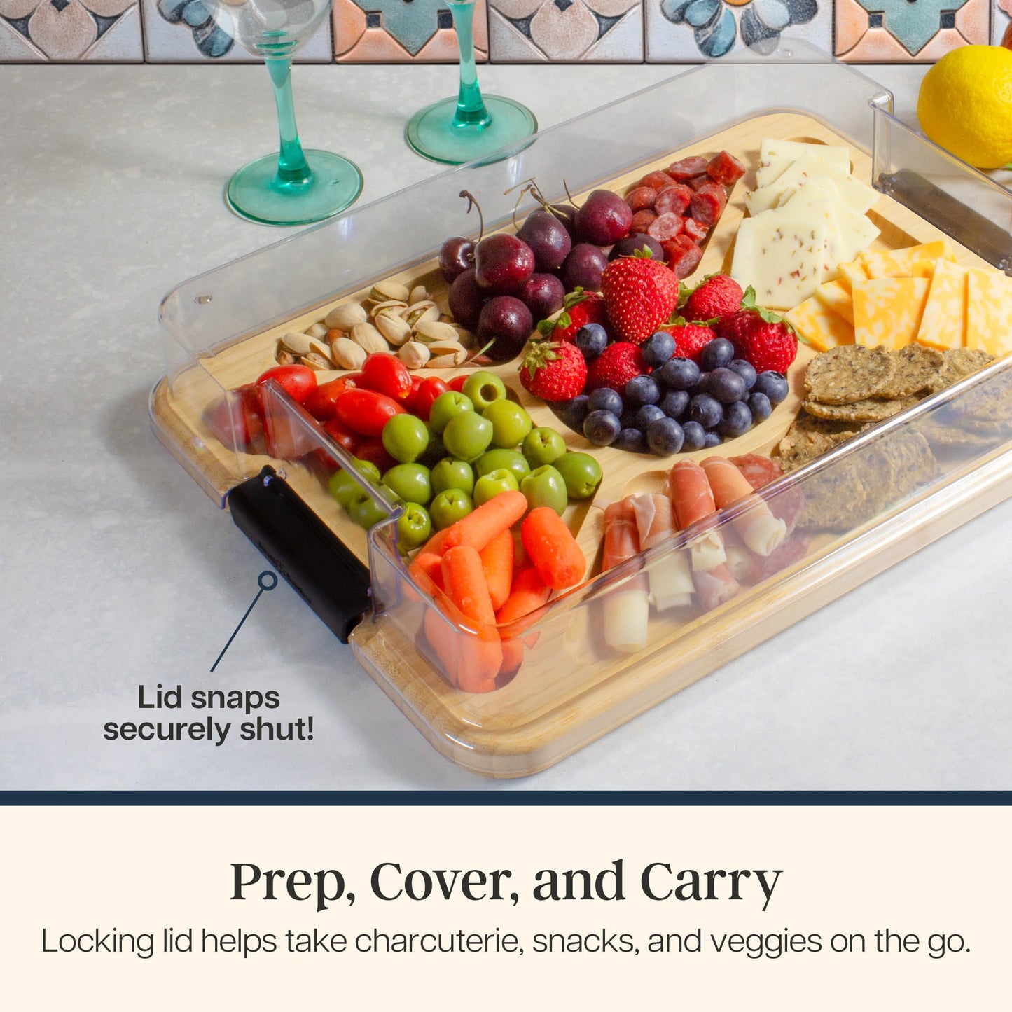 Totally Bamboo Flip, Serve & Store Charcuterie Board with Lid, Reversible Bamboo Cutting Board and Portable Cheese Tray with Compartments, Locking Travel Cover, 15.5 x 11.5 Inches
