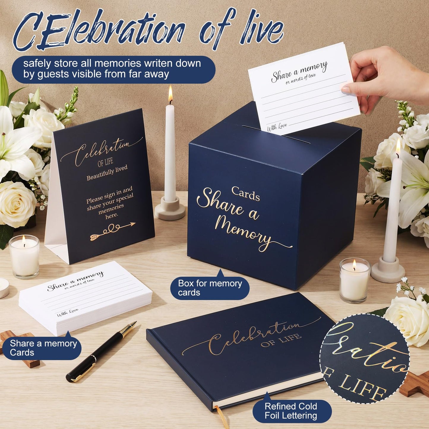 Engrowtic 64 Pcs Guest Book Set Funeral Guest Book Celebration of Life for Memorial Service with 60 Pcs Share a Memory Cards Box Table Pen Guestbook Sign in Loving Memory for Registry(Blue)