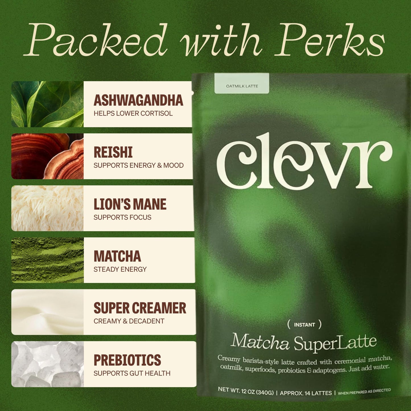 Clevr Pistachio Matcha SuperLatte, Organic Ceremonial Grade, Instant Superfood Powder Blend with Lions Mane, Reishi Mushroom, Coconut Cream, Ashwagandha, Serve Hot or Iced (14 Lattes)