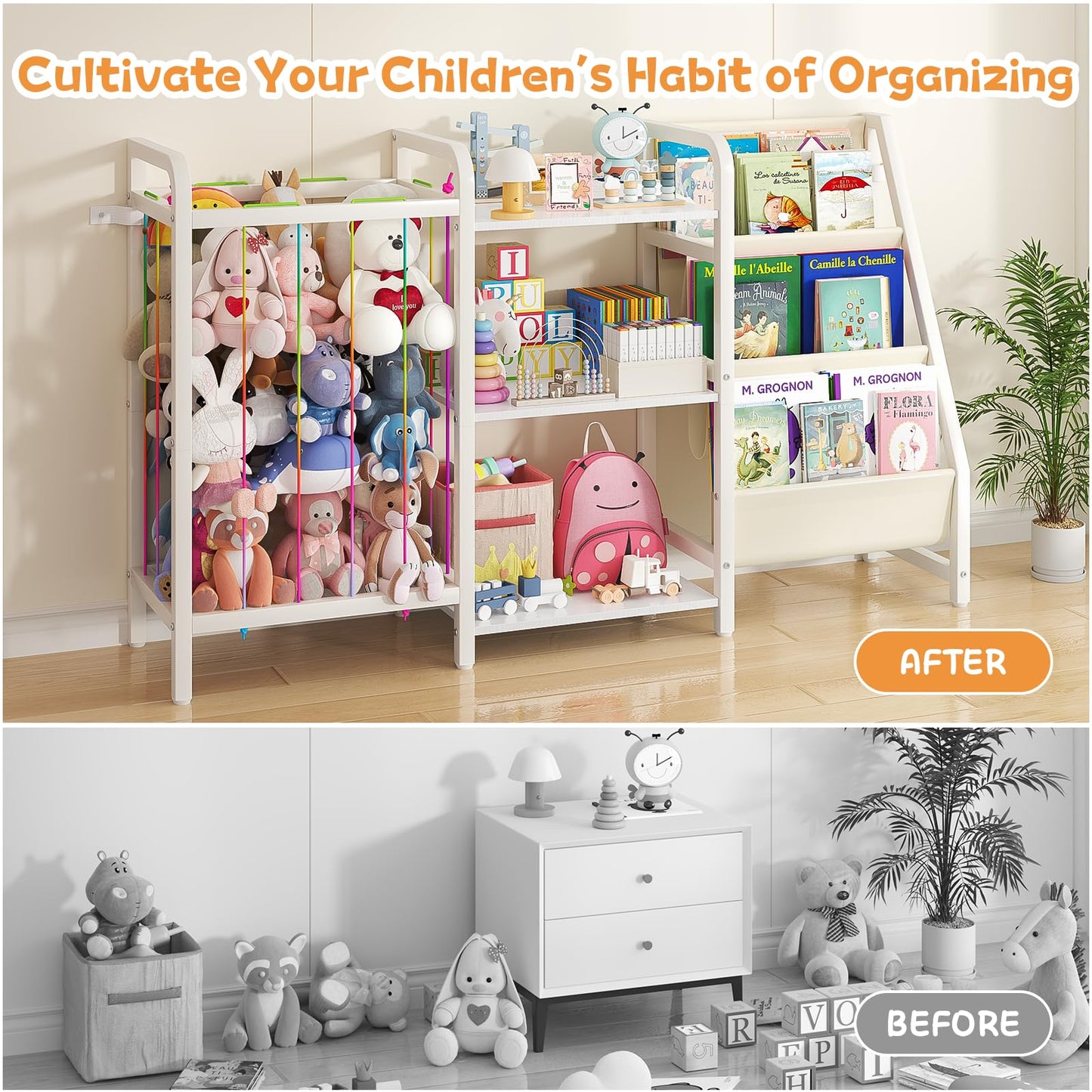 CYXPHION B1 Kids Bookshelf and Toy Storage, 3-Tier Book Shelf for Kids Rooms, Sling Baby Bookcase with Stuffed Animal Storage, Montessori Toddler Bookshelf for Nursery, Bedroom, Playroom, White