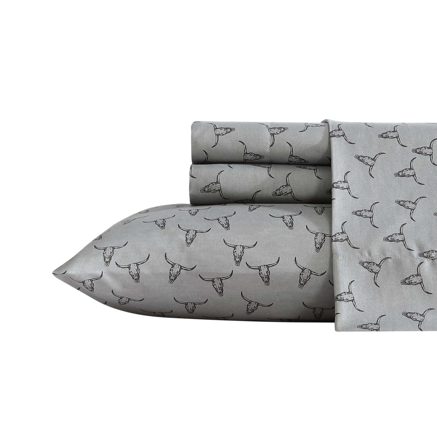 Wrangler - King Size Sheet Set, Ultra-Soft & Wrinkle-Resistant Bedding for Year Round Comfort, Deep Pockets, Bed Sheets with Matching Fitted Sheet & Pillowcases (Steer Skulls Grey)