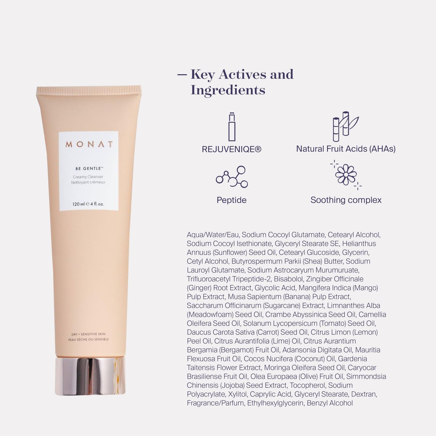 MONAT Be Gentle Creamy Cleanser -Gentle Facial Cleanser Cleanses Impurities w/out Stripping the Skin. Creamy Face Wash Gentle Cleanser. Face Moisturizer Hydrating Cleanser -Net Wt. 120 ml / 4.0 fl. oz
