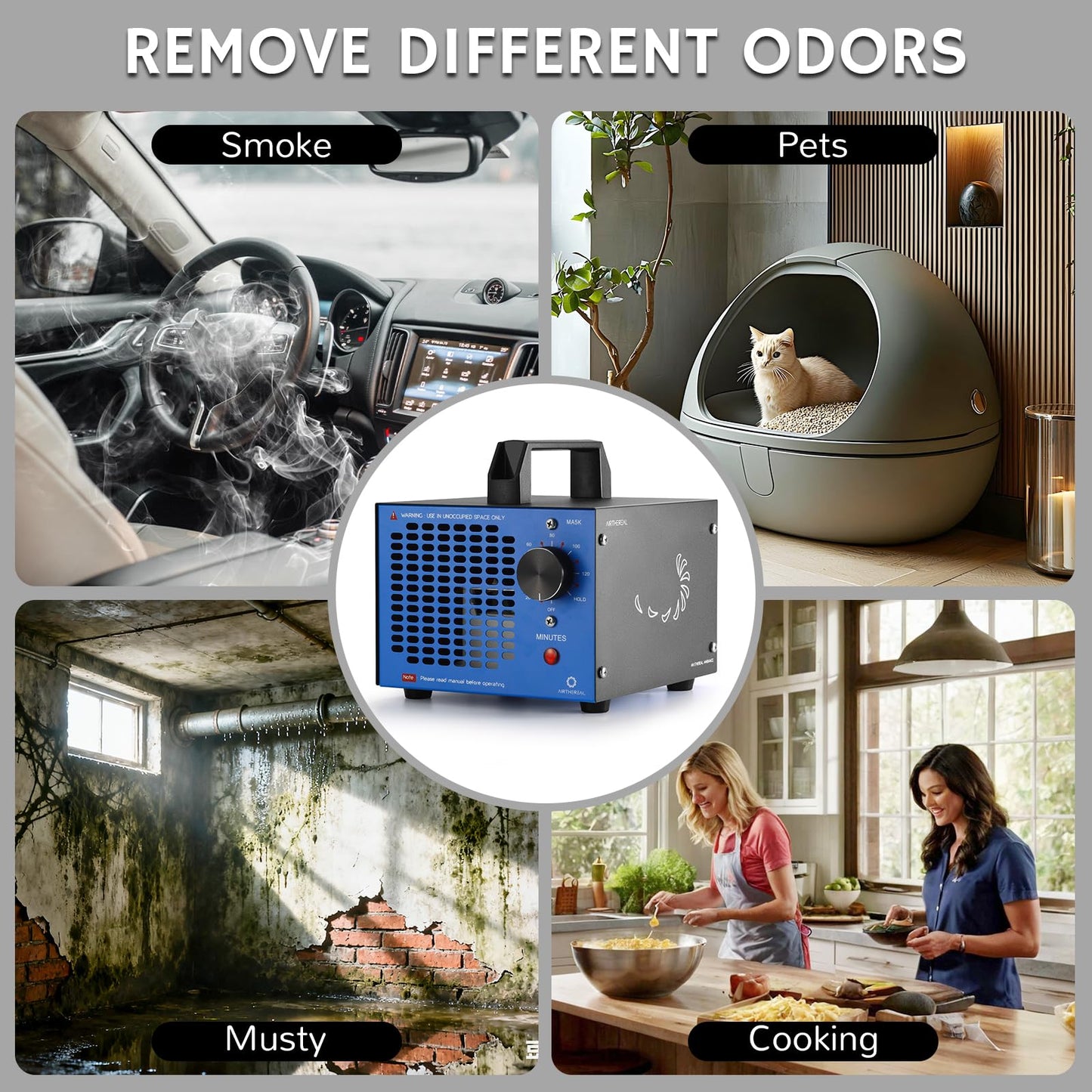 Airthereal MA5K Ozone Generator for Home, Ozone Air Ionizer Odor Eliminator with 120-Min Timer, Lightweight Design, Odor Removal for Car, Smoke, Pets, Basements, Covers Up to 2,000 Sq. Ft., Blue