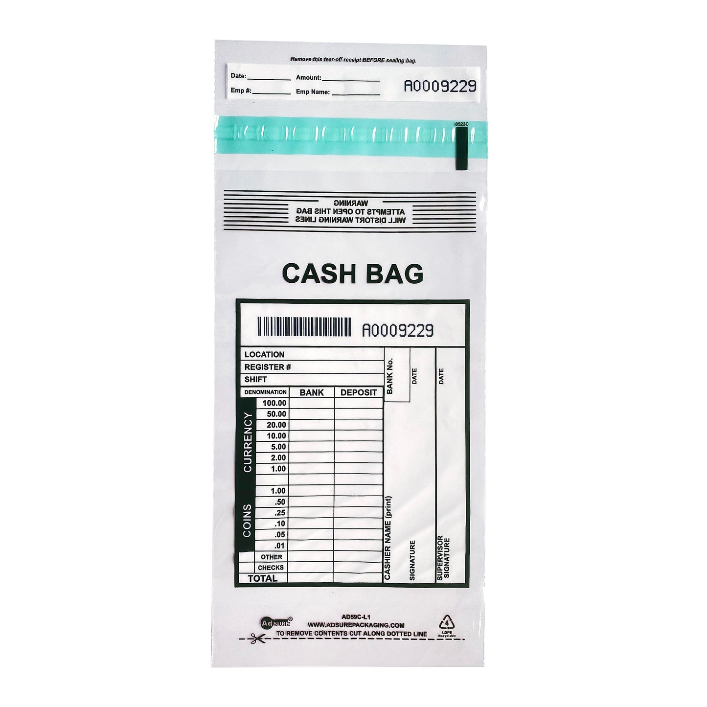 ADSURE Clear Plastic Small Bank Deposit Bags For Cash | Pack of 1000 | 5"x9"|Tamper Evident Bags | Write-On Panel and Tear-Off Receipt | Ideal for Cash Handling