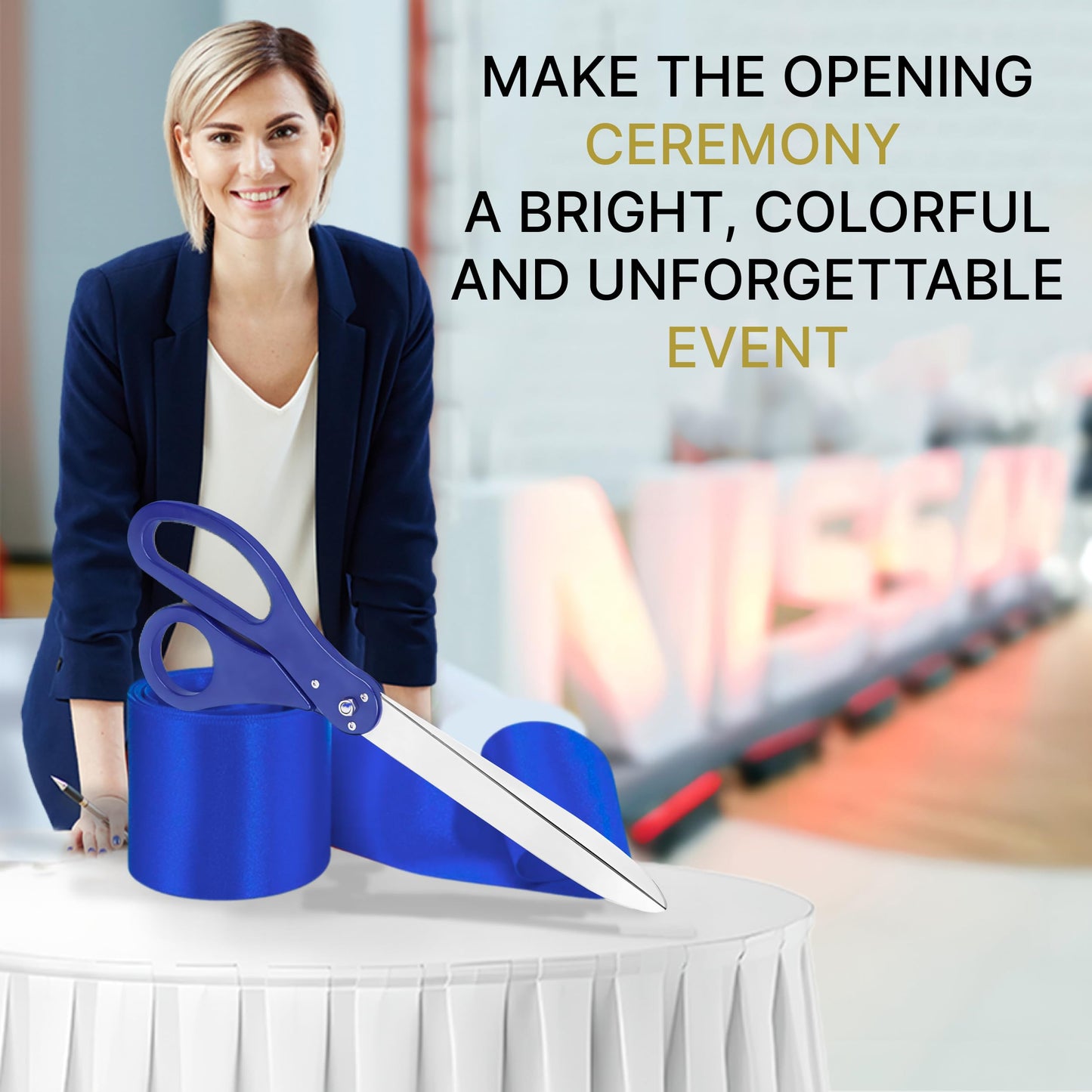 Large Grand Opening Ceremony Kit - 25 Inch Giant Blue Scissors With Ribbon for Inauguration, Ceremonial Cutting, and Special Events
