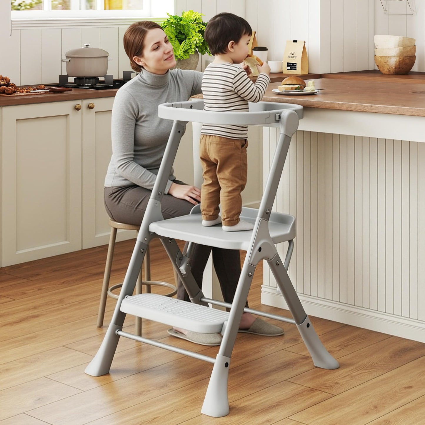 Toddler Tower, Non-Folding Structure for Maximum Stability, Kitchen Stool Helper with Anti-Tipping Structure and Safety Net, Ultra-Secure, Ideal for Toddlers 18 Months to 4 Years, Gray