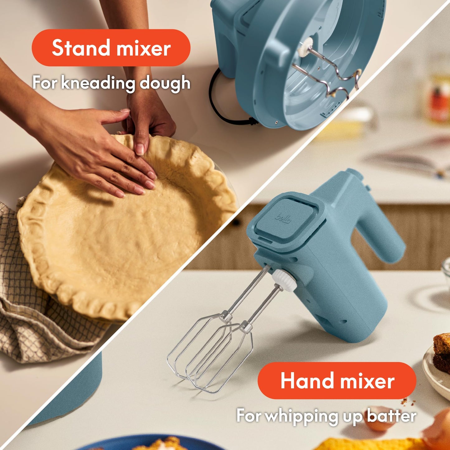 bella 3.5 Qt Hand & Stand Mixer, 2 in 1 Electric Mixer with Bowl, Dough Hook, Whisk & Egg Beater, Multifunctional Handheld Mixer for Baking, 200 Watt, Surf