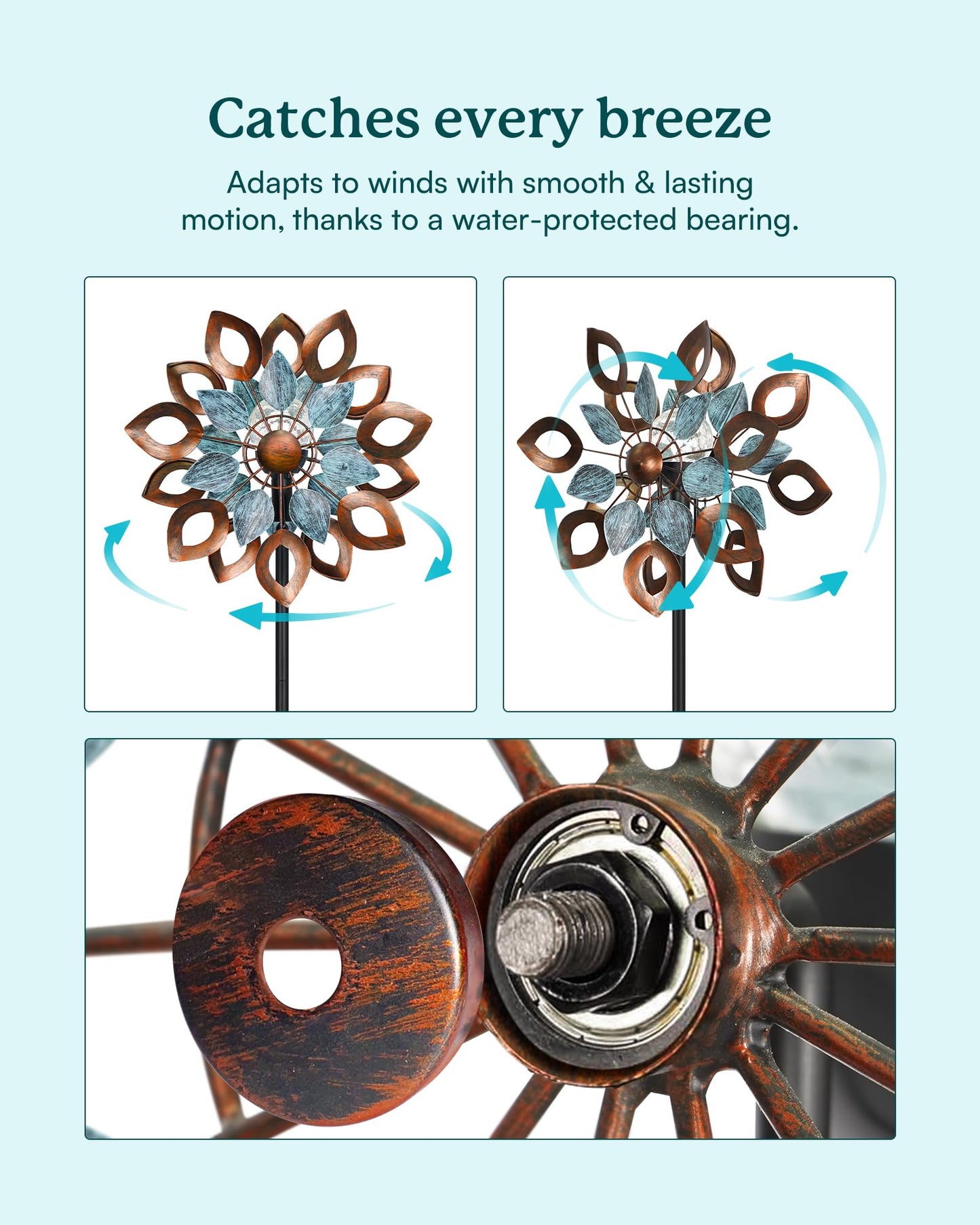 Cyan Oasis Copper Wind Spinners Outdoor 74 Inches with Solar LED Light, Kinetic Dual Wind Sculptures & Spinners for Yard Lawn Garden Decor, Large Metal Clearance Windmill with Bronze Leaf