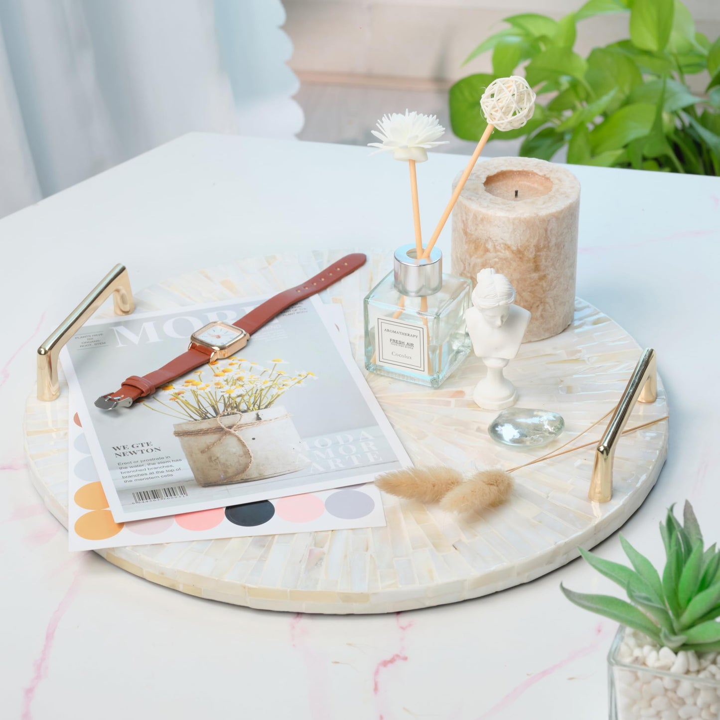 PEMAR Mother of Pearl Decorative Tray, 13"" Round with Gold Metal Handles, Vanity/Perfume/Trinket Tray, Catchall for Dresser, Bathroom, Vanity Table (White Sunlight)