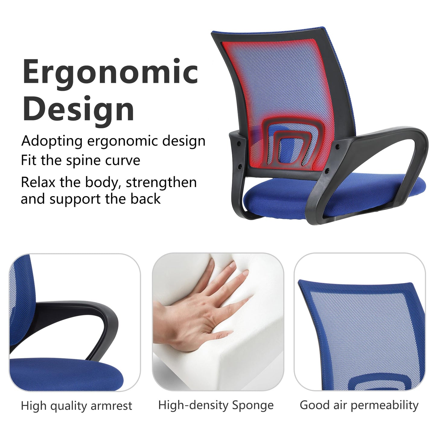 BestOffice | Ergonomic Office Chair | Mid-Back Swivel Desk Chair | Breathable Backrest & Lumbar Support | Adjustable Height | Sponge Seat | Rolling Wheels | Dark Blue | for Adults & Women