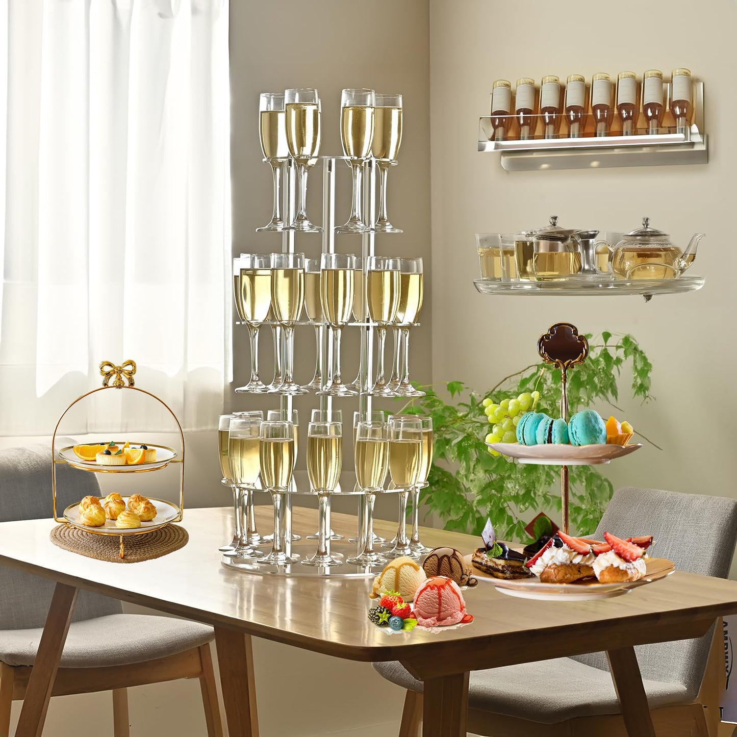 Laumffon Champagne Tower, Circle Acrylic Champagne Display Rack Stand with 28 Slots, 3 Tier Floating Sight Champagne Flute Holder for Party, Wedding, Celebration, 13.4x13.4x25.5 inch