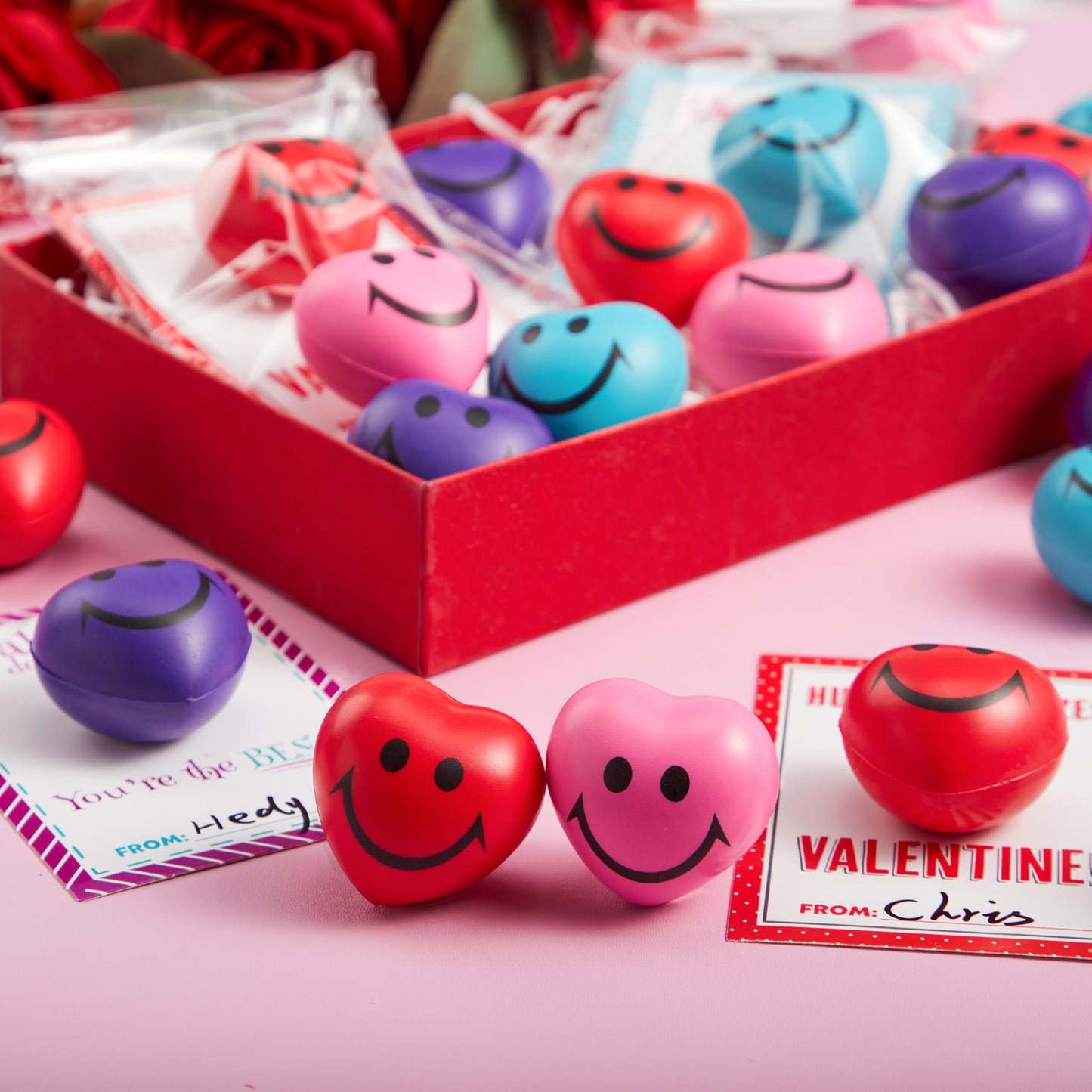 JOYIN 28 Packs Heart Shape Stress Balls with Cards, Stress Relief Fidget Toys for Valentine Party Favors & Classroom Prizes