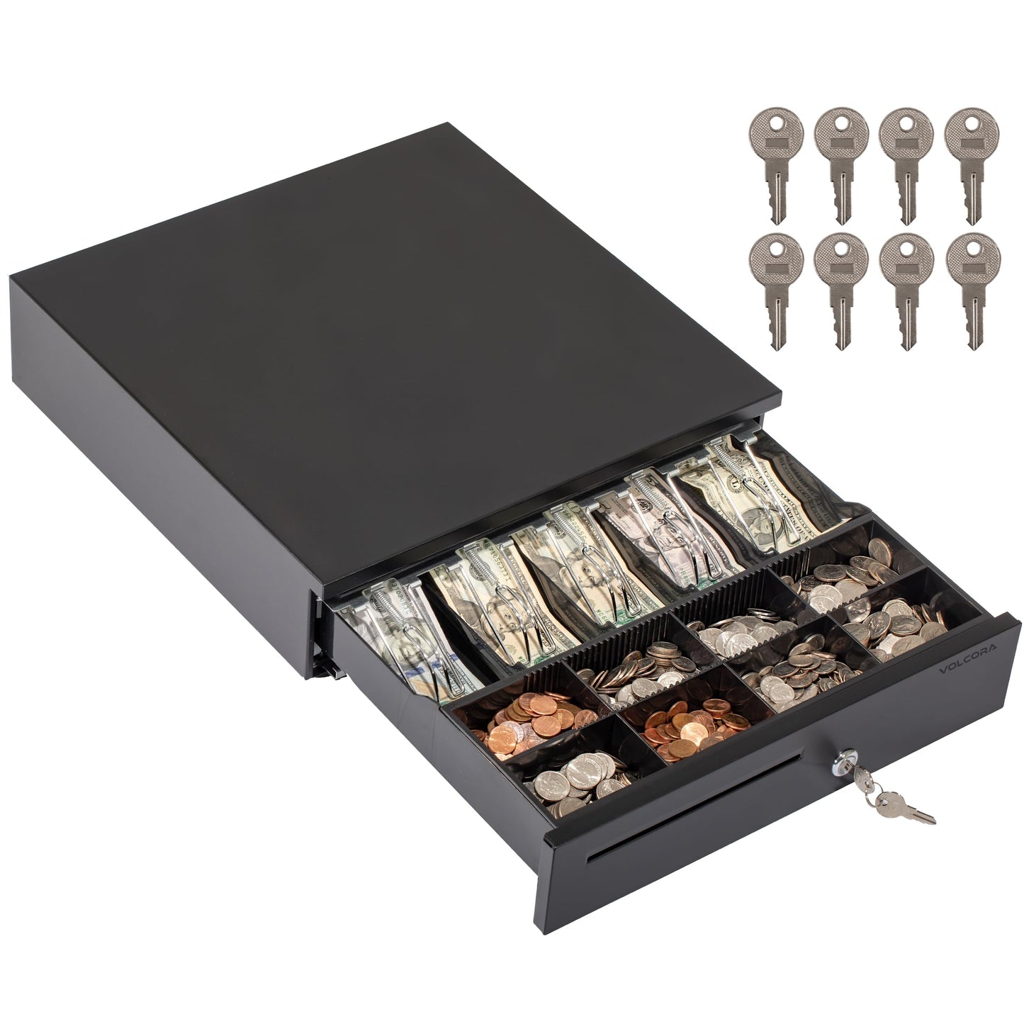 Volcora Electronic Cash Register Drawer for Point of Sale (POS) System, 5 Bill/8 Coin, 16" with Adjustable Coin Slots, 12-24V, RJ11/RJ12 Key-Lock, Media Slot, Black