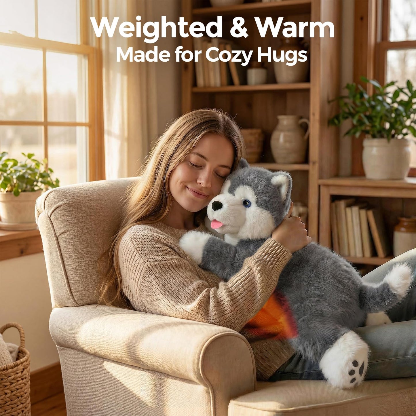 Mewaii Weighted Stuffed Animals with Microwavable Heating Pad - 5 lbs Adjustable, Heatable & Coolable Dog Stuffed Animal for Realistic Hug, Removable Inner Pad, Plush Gifts for Adults & Kids(23 Inch)