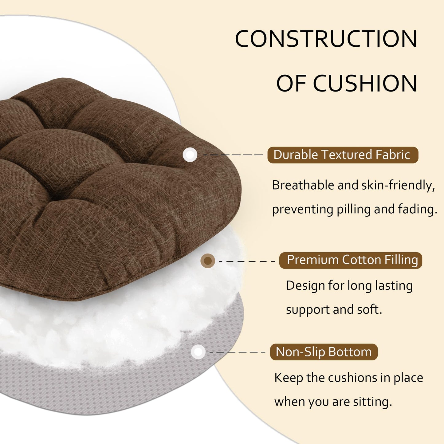 ELFJOY Chair Cushions for Dining Chairs Set of 4 Office Chair Cushion 18x18x3 Inches Kitchen Chair Pads Soft and Comfortable Seat Cushion with Ties and Non Slip Backing, Coffee