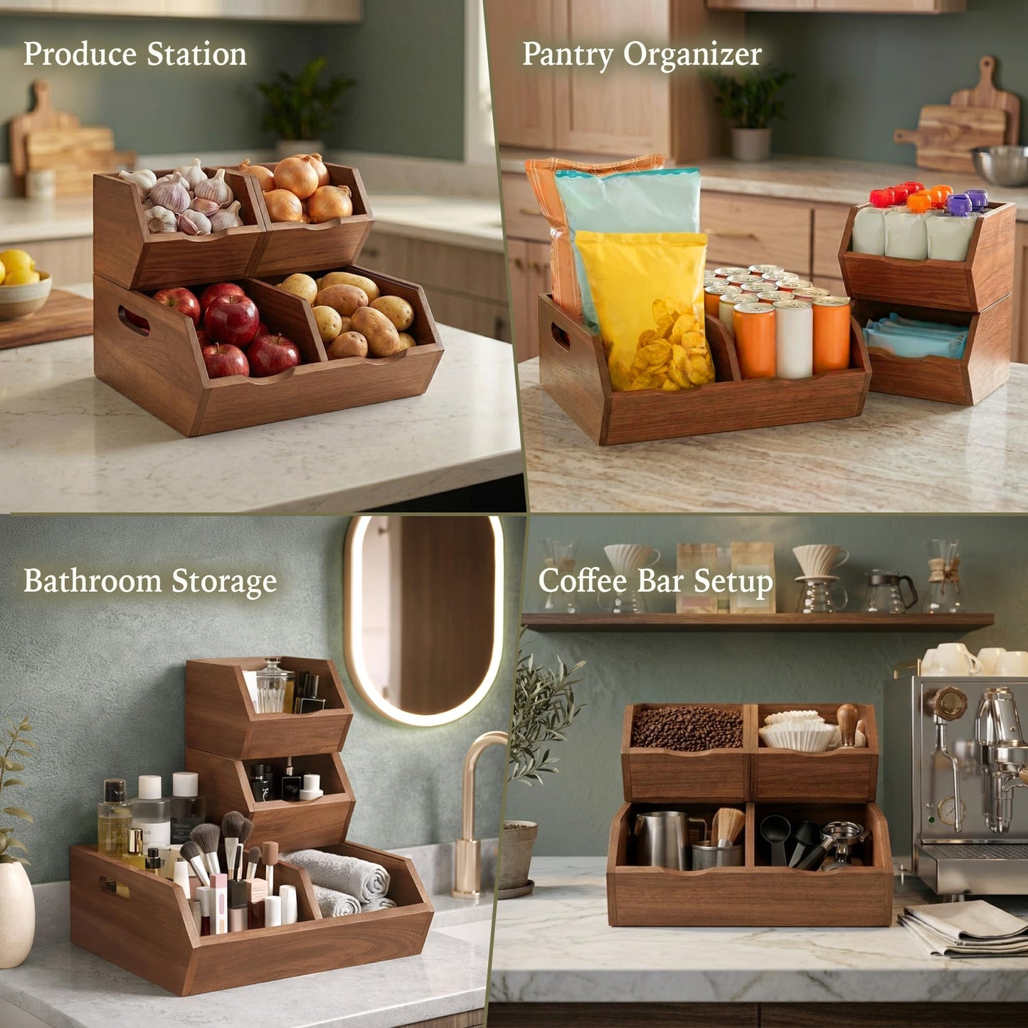 Acacia Wood Pantry Storage Bins, Stackable Storage Baskets Potato and Onion Storage Bins, Pantry Organizer Wooden Baskets Organization and Storage, Set 3 Pieces