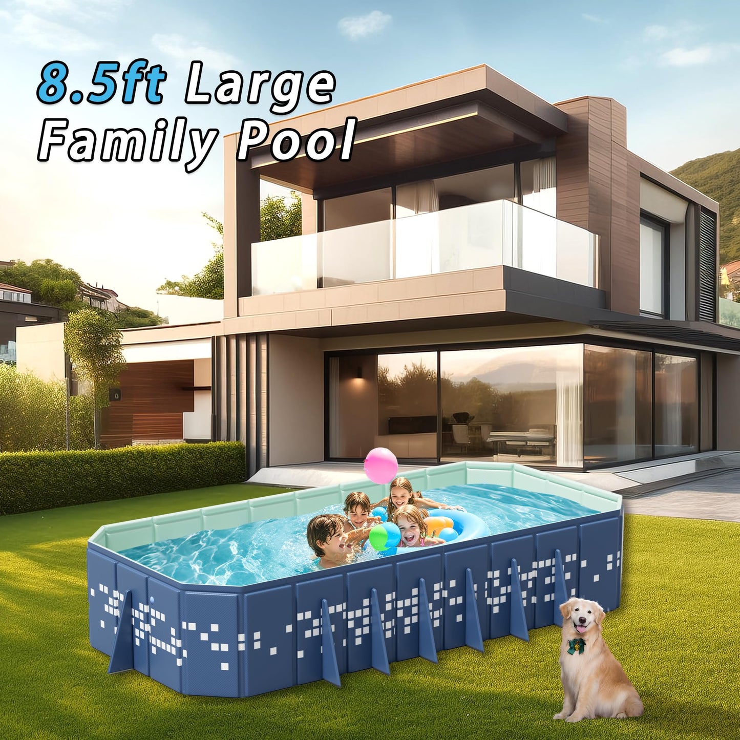 102" Large Non-Inflatable Swimming Pool for Family,Foldable Pools with 14 Triangle Bracket,Hard Plastic Shell Adult Collapsible Pool,Portable Folding Kids Pools for Backyard102*65 * 20in (Blue Star)