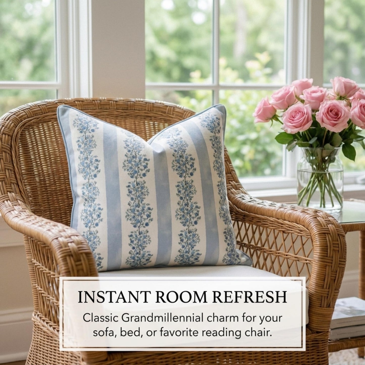 Jillien Harbor “The Juliet” Floral Block Print Pillow Cover – Soft Blue and Off-White Decorative Throw Pillow Cover – Grandmillennial Home Decor, 20" x 20"