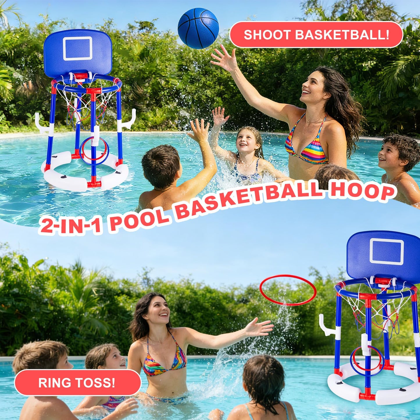 EXCECAR 2-in-1 Floating Pool Basketball Hoop Set,Blue Swimming Pool Basketball Hoop with Backboard,Stable Water Basketball Hoop for Pool Party Fun & Outdoor Family Games