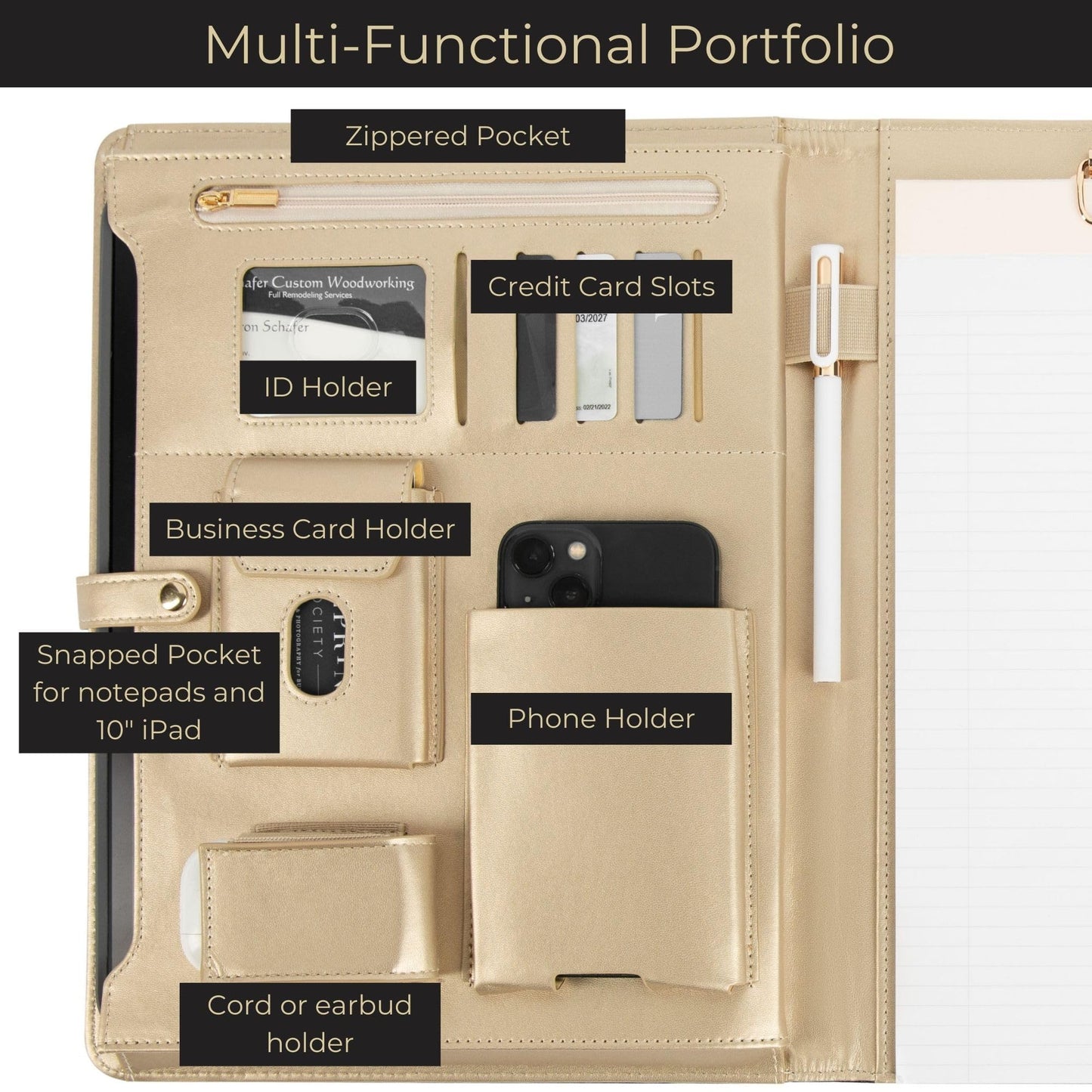 BLU MONACO | Black Vegan Leather Portfolio Binder for Women | Professional Padfolio with Magnetic Closure & Gold Trim | Business Organizer Case for Documents & 8.5 x 11 Notepad
