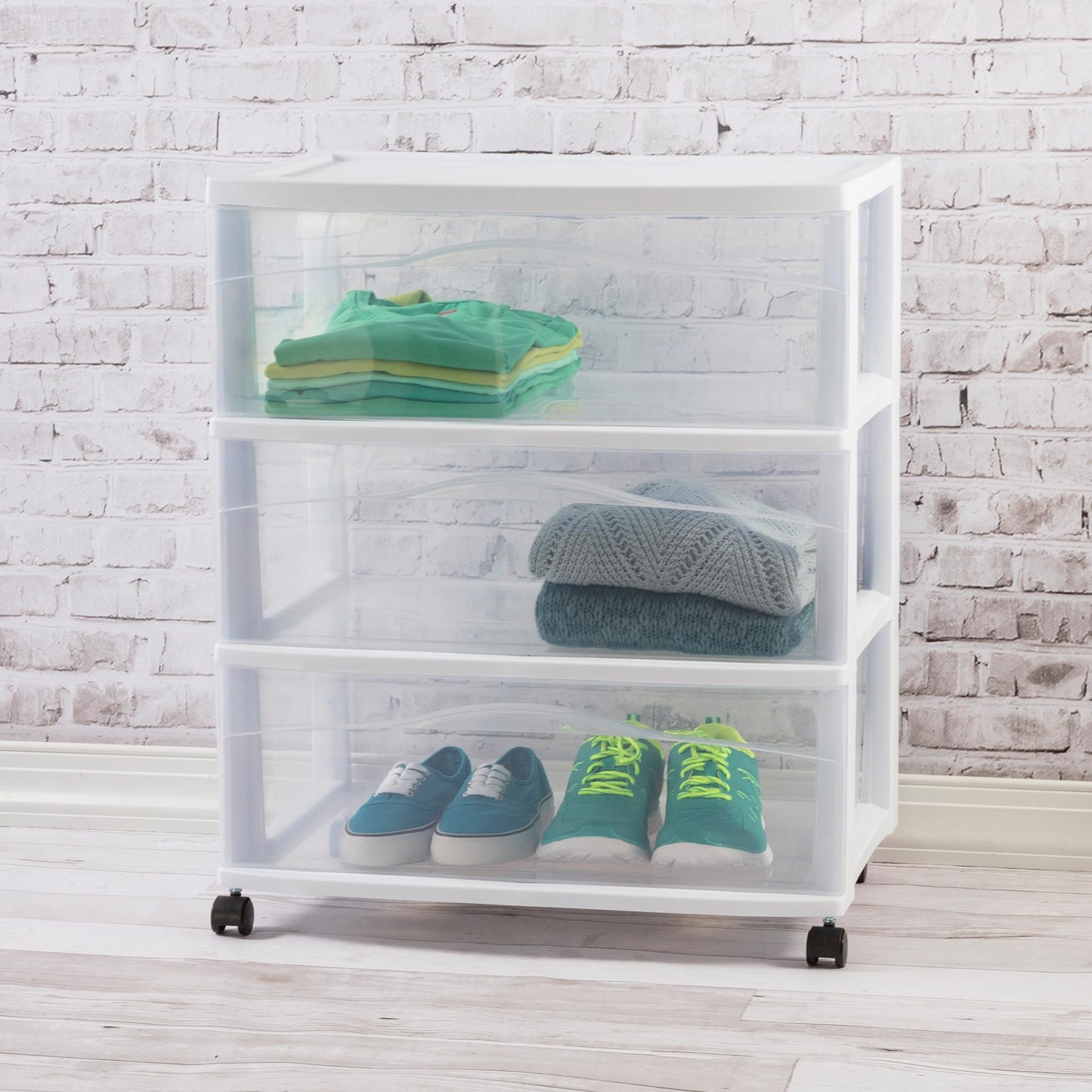 Sterilite Wide 3-Drawer Cart, Plastic Storage Organizer Drawers with Wheels, White - Rolling Multipurpose Bins for Dresser, Closet, Cabinet, Bedroom, Bathroom, and Office Organization