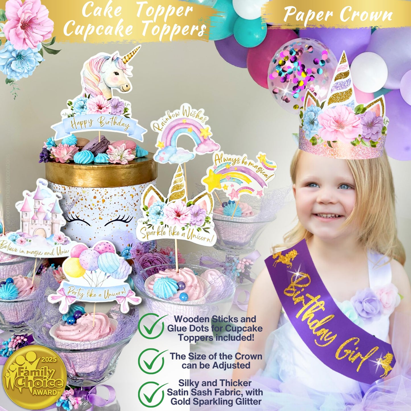 245 Pieces RainMeadow Unicorn Birthday Decorations for Girls Kit, All-in-1 Party Supplies Pack With Balloon Garland, Fringe Curtains, Foil Balloons, Backdrop, Crown, Sash - Pink, Purple, Teal, Gold