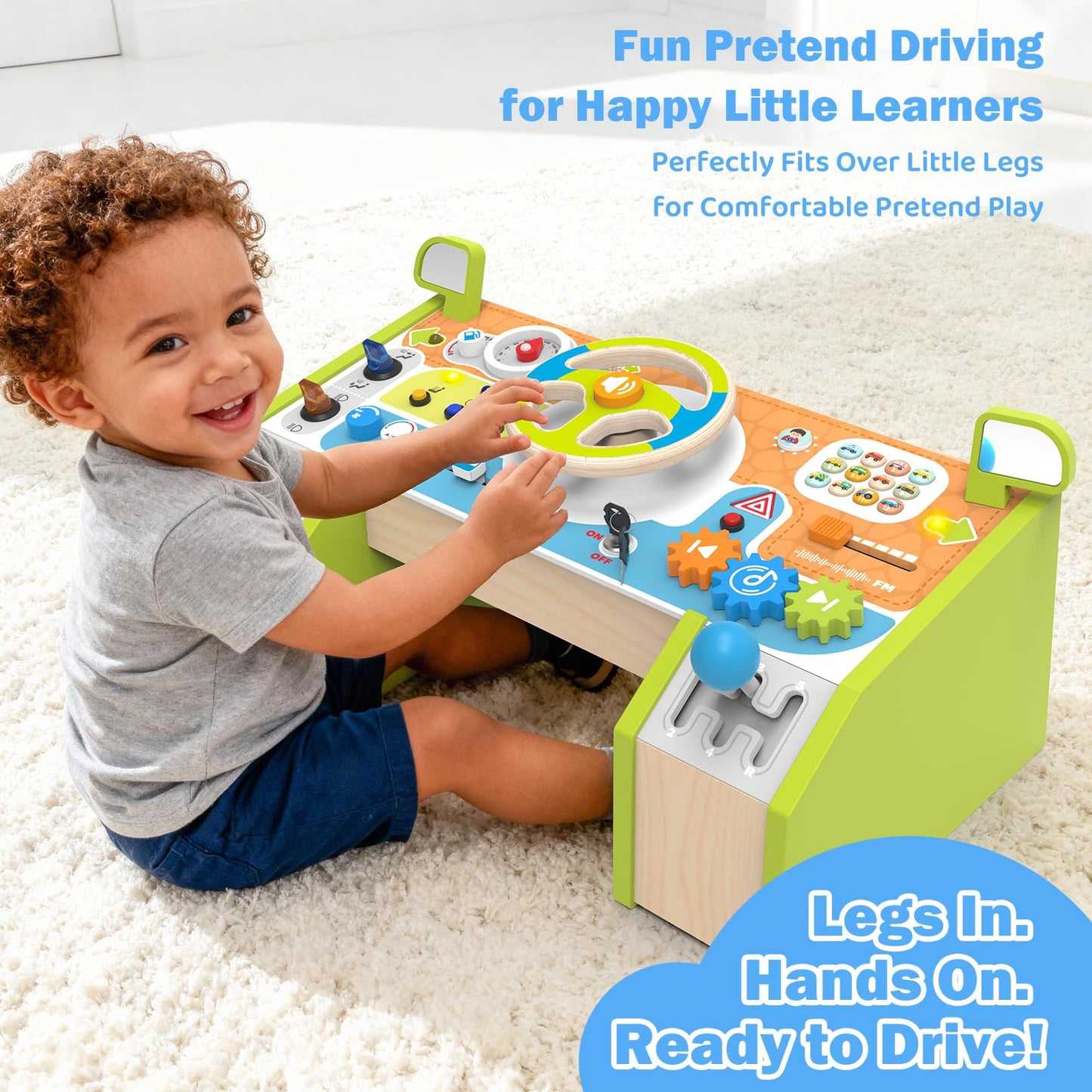 Montessori Wooden Steering Wheel Toy for Toddlers & Kids, Interactive Pretend Driving Dashboard Busy Board with 12 Cars Sounds & Lights, Preschool Learning Sensory Educational Toy, Gift for Boys Girls