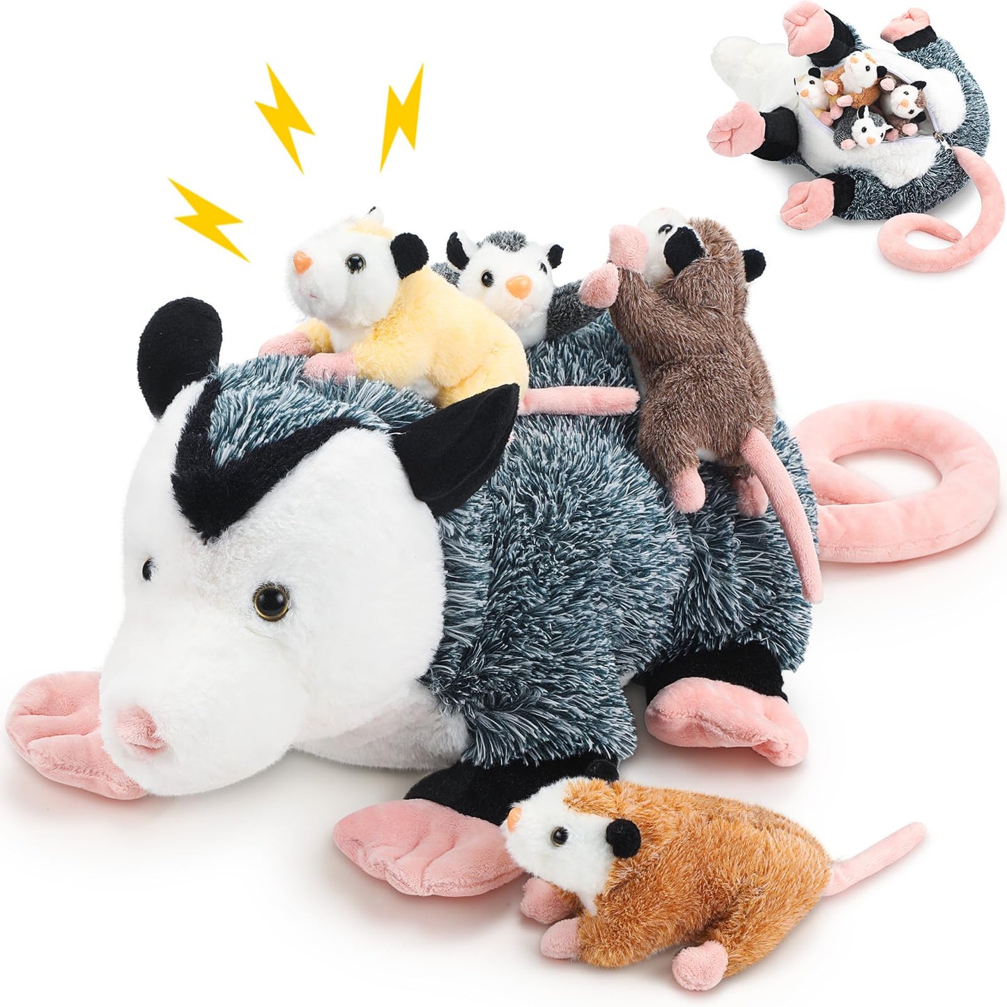 Hollowfly 5 Pcs Stuffed Opossum Mommy Possum Plush with 4 Baby Opossums Stuffed Toy on Her Back, Magnetic Attraction Cotton Plush Animal Toy Gift for Boys Girls Possum Lover(Classic)