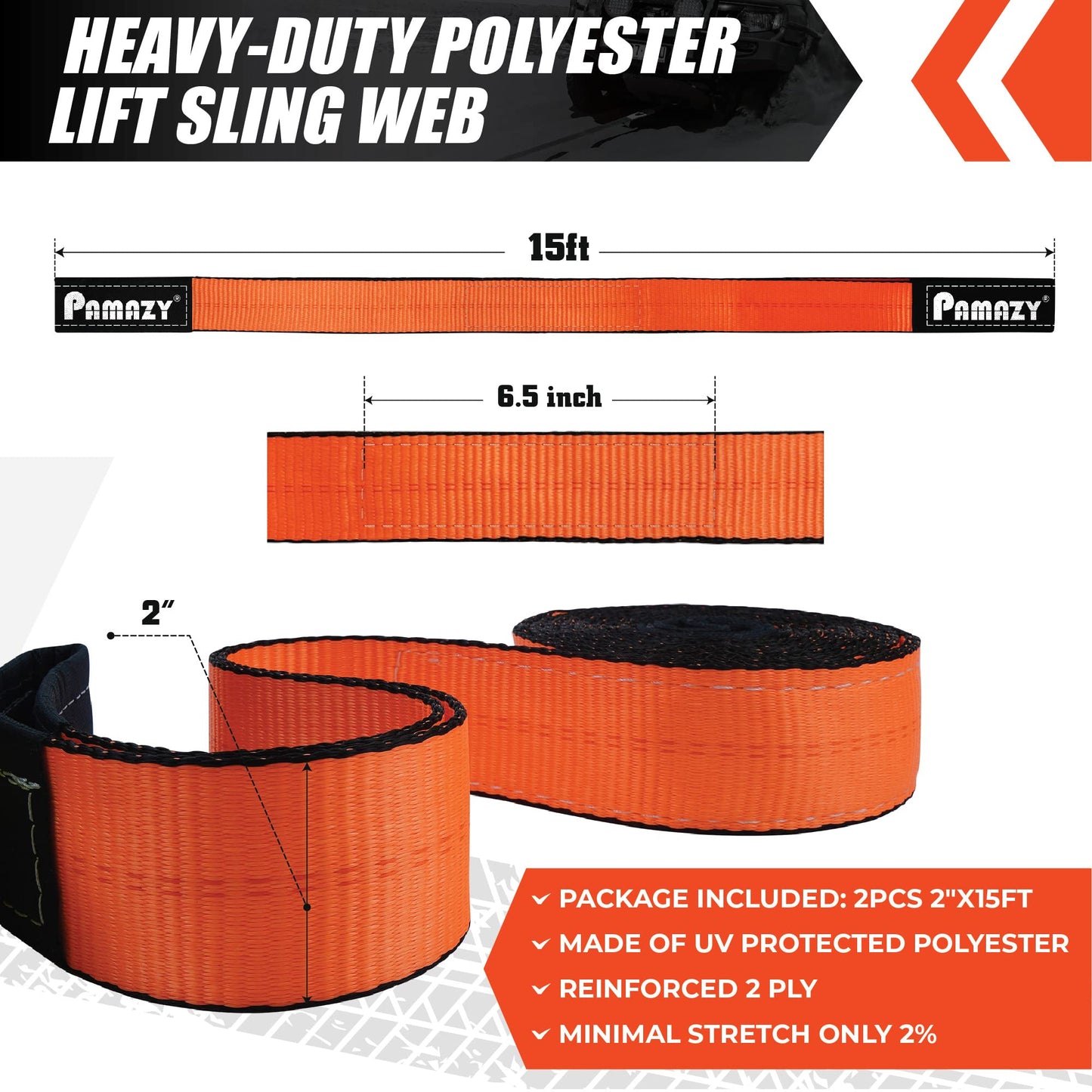2 Pack 2”x15FT Supper Sturdy Lift Sling Straps, 18800 Pound Capacity Heavy Duty Eye-Eye Nylon Strap for Hoist, 2-Ply Polyester Rigging Straps, Tree Saver Recovery Straps Web Sling Winch