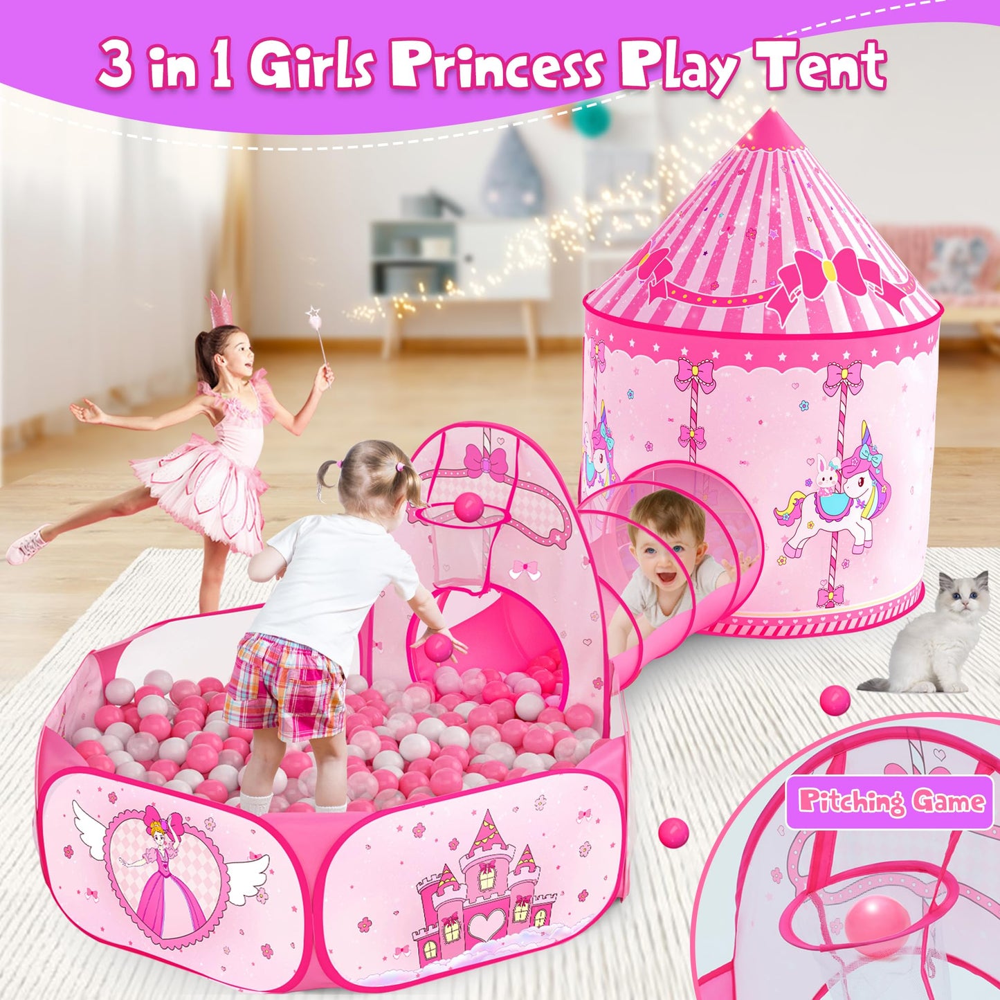 3 in 1 Girls Princess Play Tent for Kids: Pop Up Toddlers Playhouse with Baby Crawl Tunnel, Ball Pit and Castle Tent - Pink Children Play Tent Toys Indoor and Outdoor Game for Birthday Gift
