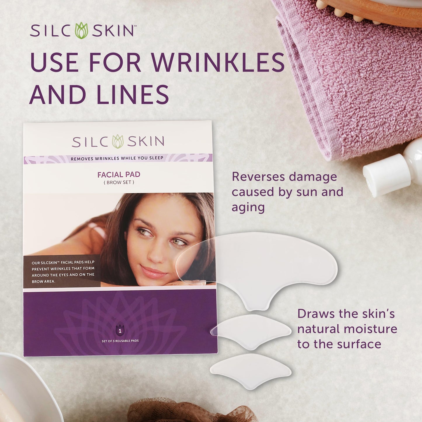 SilcSkin Facial Pads Brow Set - 2 Multi Area Pads, 1 Brow Pad - For Forehead and Facial Areas - Reusable Self Adhesive Silicone Face Pads, 30 Day Supply