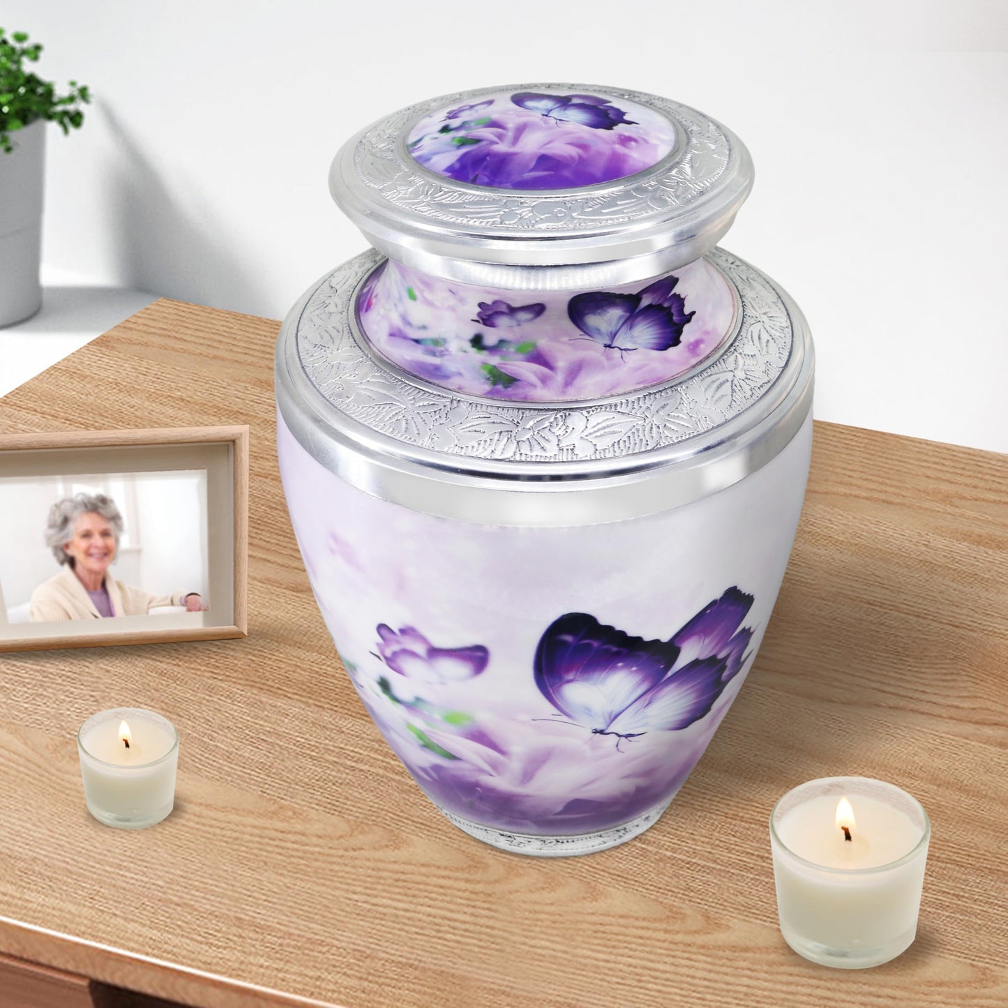 M MEILINXU Urn for Ashes for Woman & Men, Cremation Urns for Human Ashes Adult Female and Male, Burial Urn with Butterflies, Decorative Urns for Funeral, Purple Butterfly and Flowers - Large