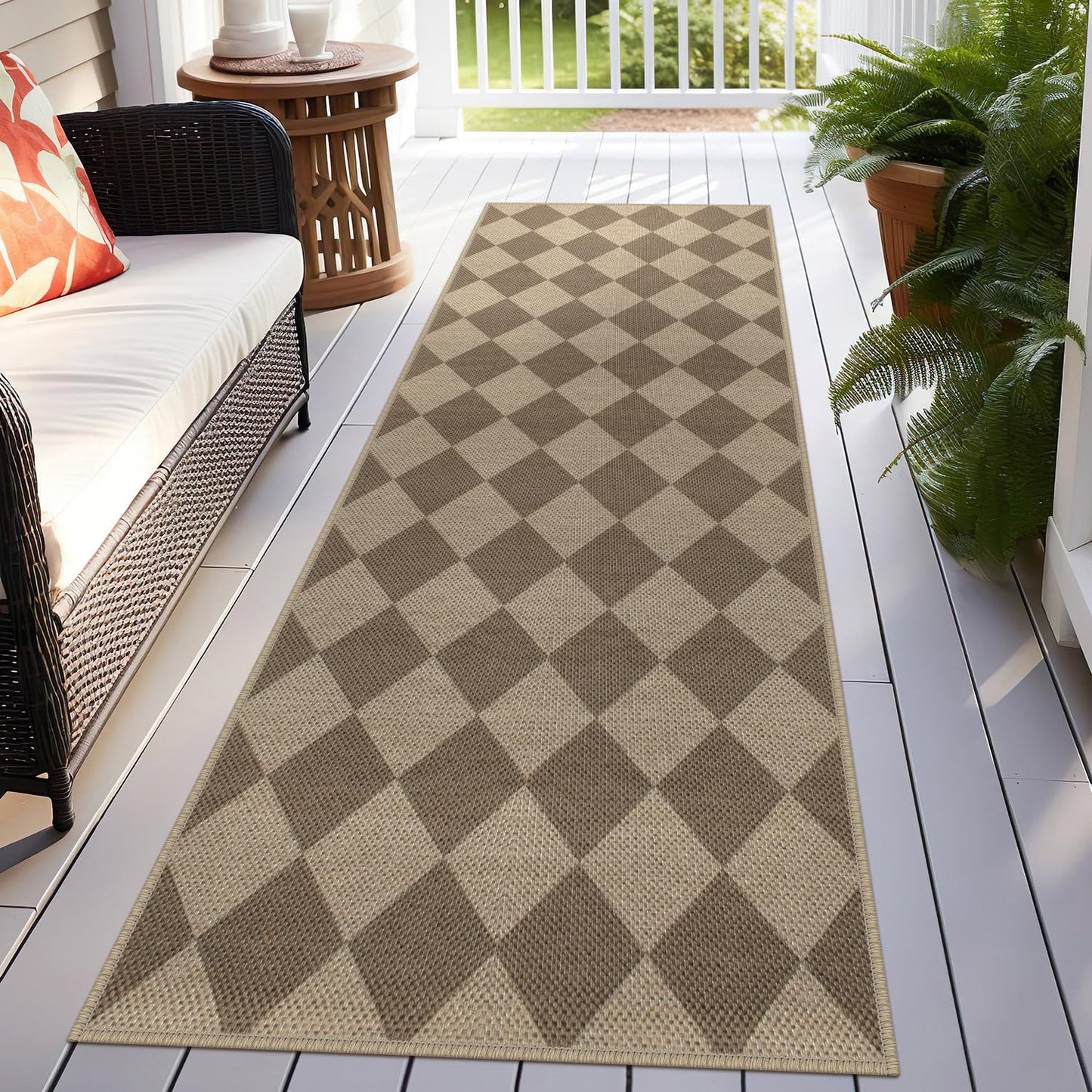 Rugalia Easy Jute Checkered Runner Rug, 2.6x8 Brown Modern Washable Rugs Runner for Hallway Non-Slip Kitchen Runner Rug, Geometric Diamond Indoor Outdoor Carpet for Porch Laundry Entryway