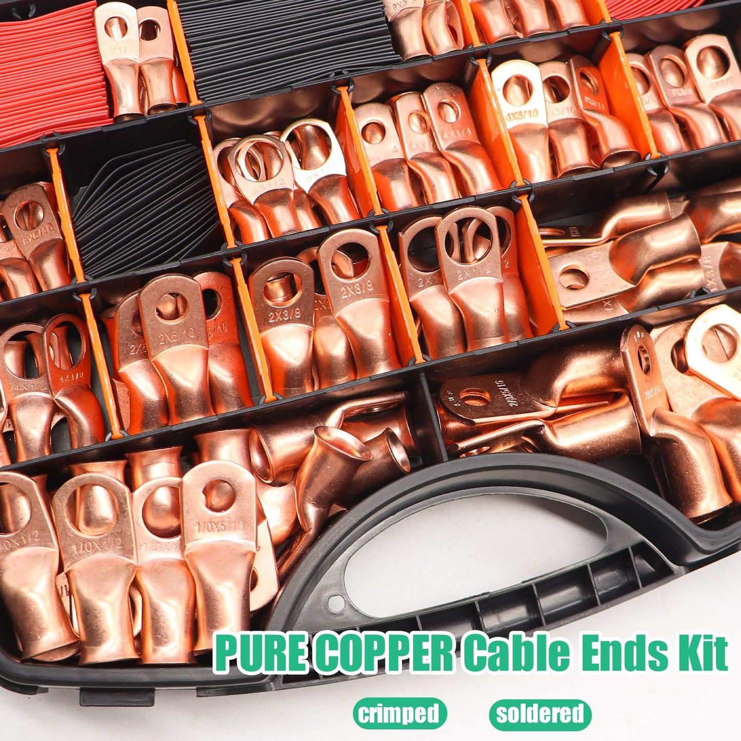 Twidec/230PCS Battery Cable Ends Kit AWG 8 6 4 2 1 1/0 2/0 Heavy Duty Copper Lugs Copper Cable Wire Lugs,Coppers Ring Terminals Connectors with Heat Shrink Tube N-099-230PCS