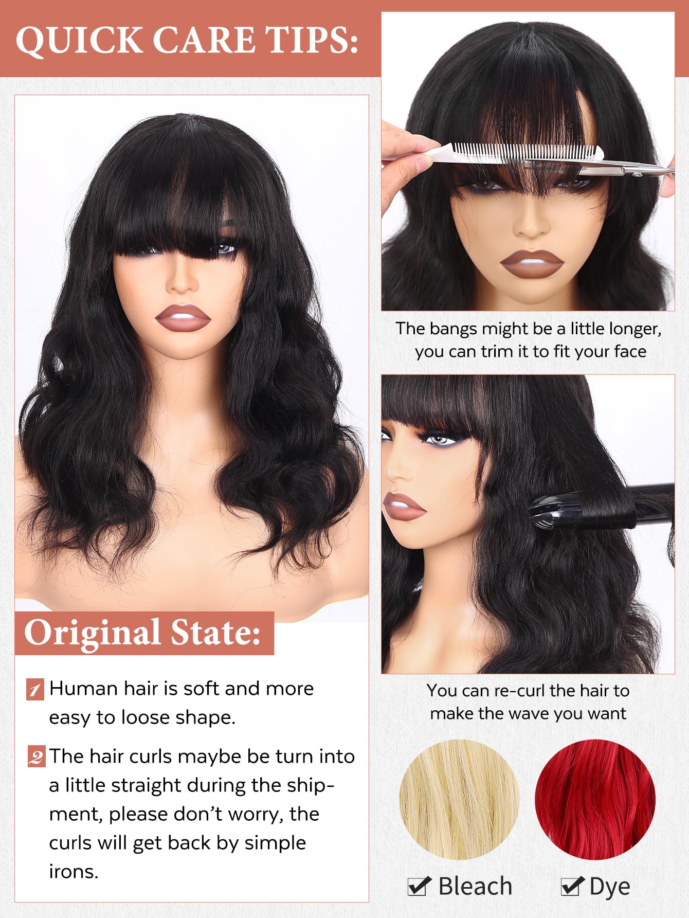WIGNEE Natural Wave Wigs with Bangs 100% Brazilian Human Hair Fashion Wave Wigs Natural Black (14 Inch)