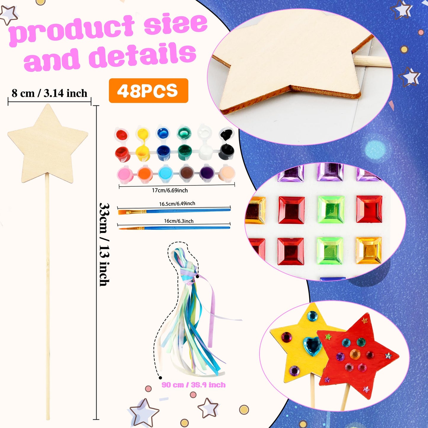 122 Pcs Unfinished Star Princess Fairy Wands Kit Make Your Own Princess Wand DIY Art Craft Magical Wand Include 48 Star Wooden Fairy Wands 24 Gem Stickers 48 Ribbons 12 Markers for Kids Party Supplies