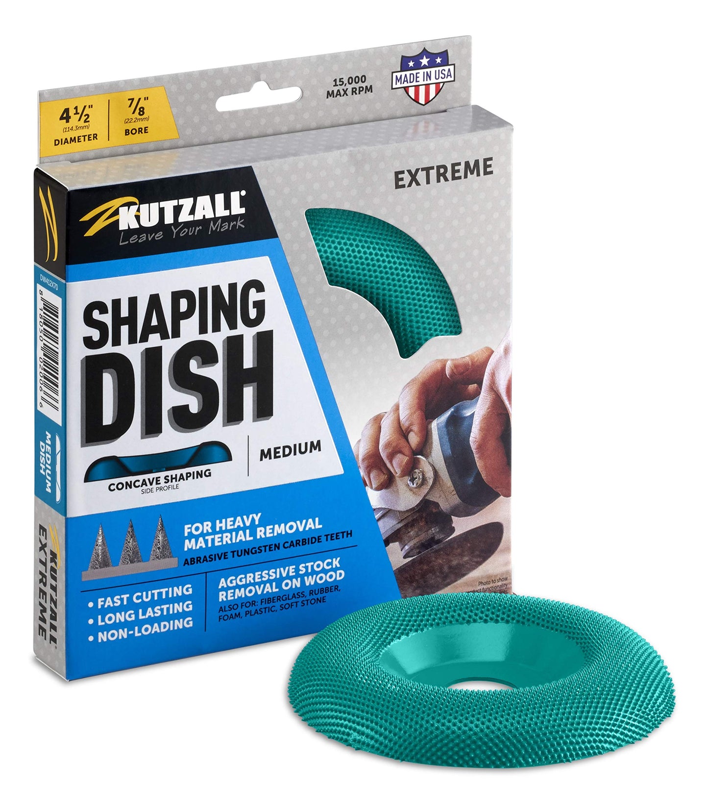 Kutzall Extreme Shaping Dish - Medium, 4-1⁄2" (114.3mm) Dia. X 7⁄8" (22.2mm) Bore - Woodworking Angle Grinder Attachment for DeWalt, Bosch, Milwaukee. Abrasive Tungsten Carbide, DW412X70