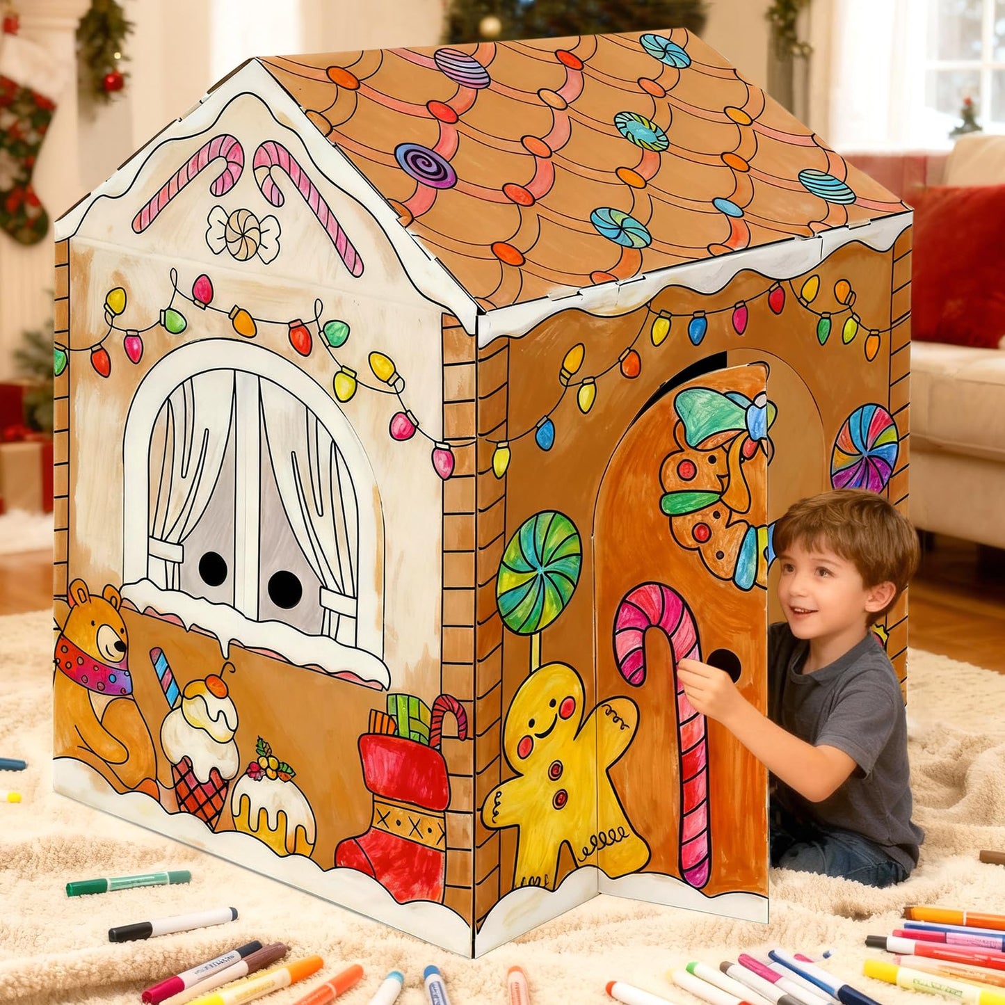 kockuu Gingerbread Cardboard House to Color for Kids Toddlers, Large Gingerbread Cardboard Coloring House Playhouse Christmas Arts & Crafts Activity Indoor Fun, 40" x 32" x 26"