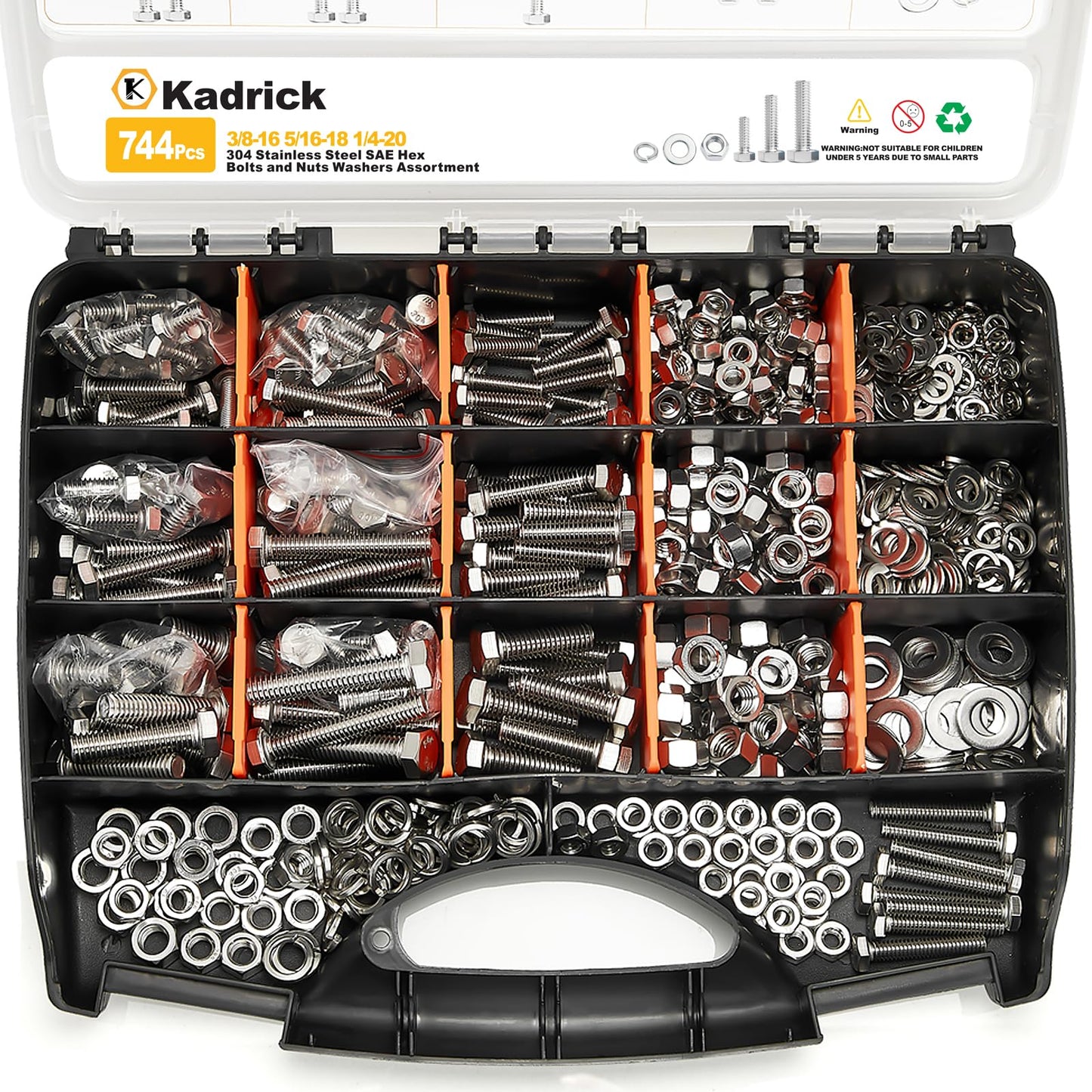 Kadrick 744Pcs 18-8(304) Stainless Steel Hex Bolts Assortment,1/4-20 5/16-18 3/8-16 Heavy Duty Bolts and Nuts Kit, Assorted SAE Bolts Nuts Flat&Lock Washers,Lenth Form 1/2''-2''
