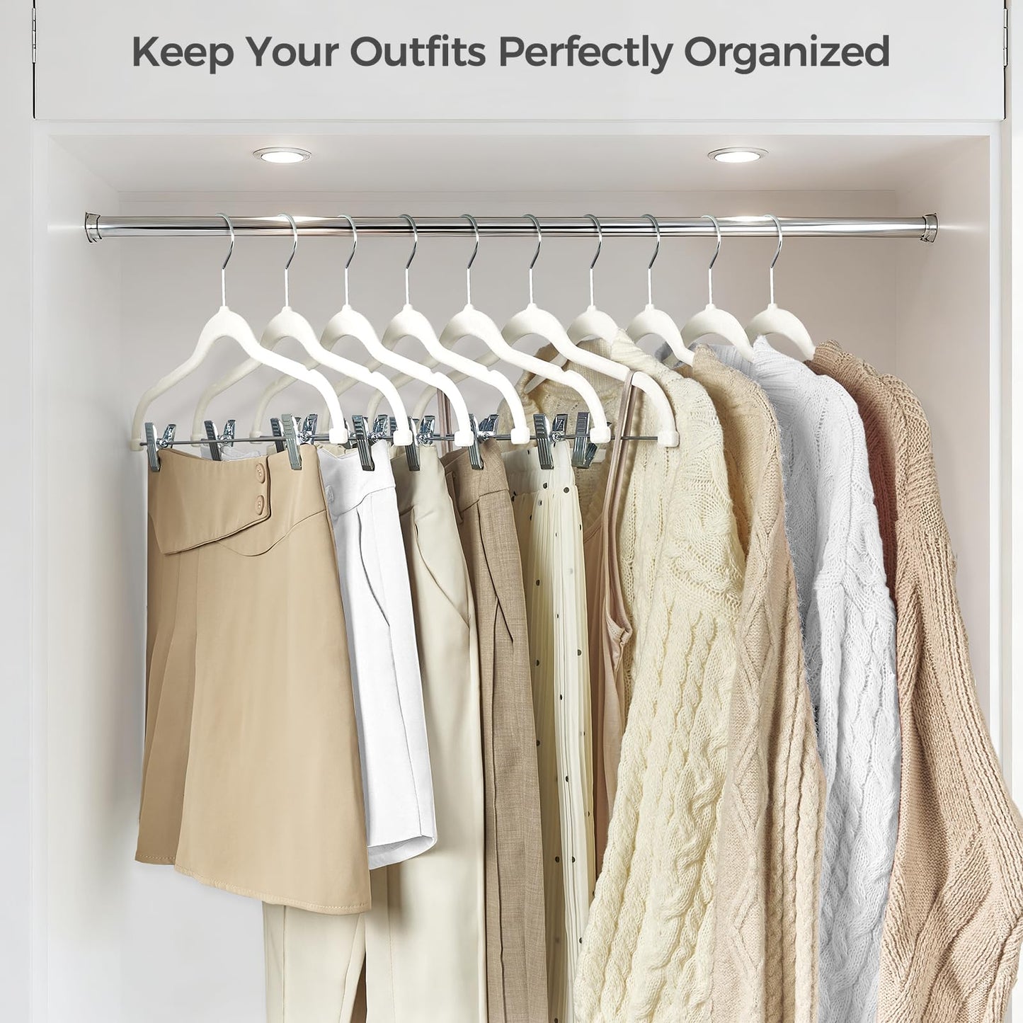 HOUSE DAY Velvet Hangers with Adjustable Clips 30 Pack, Non-Slip Suit Organizer with 360° Hook - Heavy Duty Hanger for Pants, Skirts, Blouses, Dresses - Outfit Hangers All-Season Space Saver (Ivory)