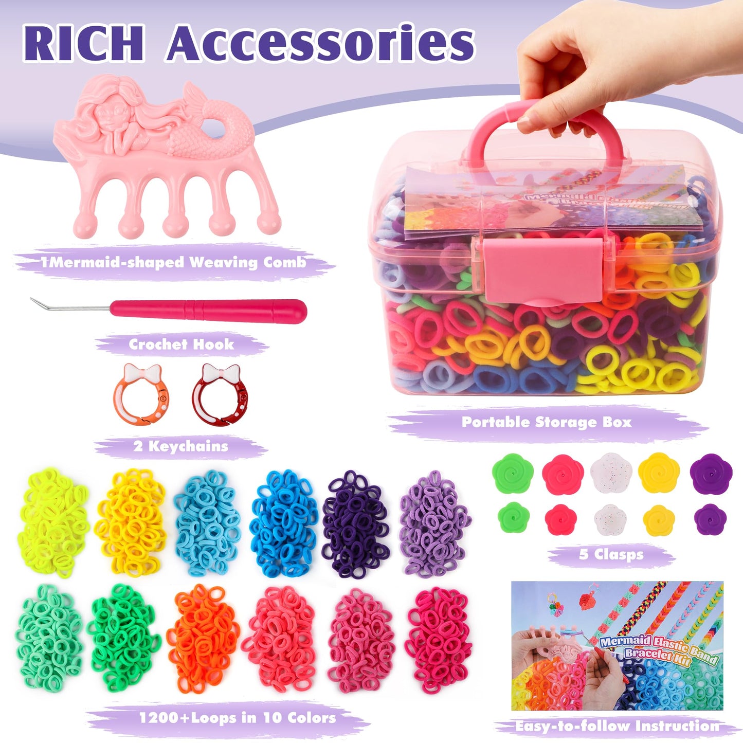 DPAPDI Bracelet Making Kit Toys for Kids, Girls Crafts for Ages 6-12, Mermaid Weaving Loom Bracelets Kits with 1200+ Colorful Fabric Loops, Birthday Gift for DIY Beginners