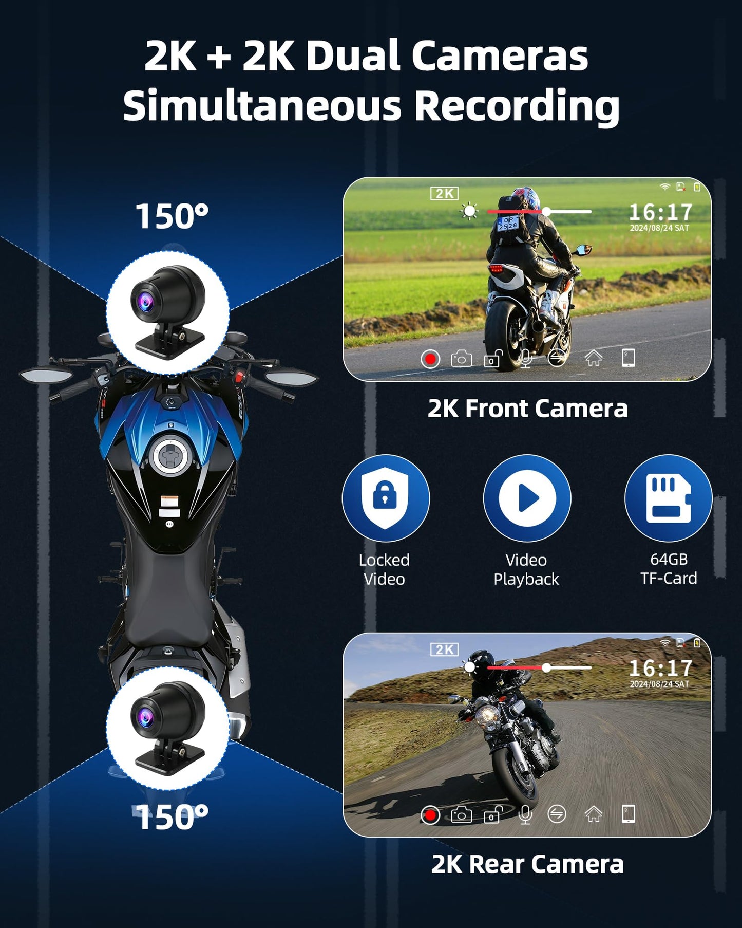 7 inch Motorcycle CarPlay Motorcycle w Dual 2K Dash Cam Wireless Carplay Android Auto Screen for Moto with GPS Navigation for Motorbike Voice Control Light Sensor Bluetooth TF-64G Waterproof