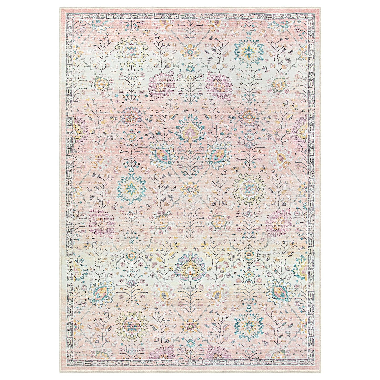 Lahome Flavie Pink Boho Area Rug for Nursery, 5x7 Washable Pink Rugs for Bedroom Girls Kids Room Living Room, Floral Pastel Carpet Non Slip for Teen Toddler Classroom Playroom Dorm, Bedroom Decor