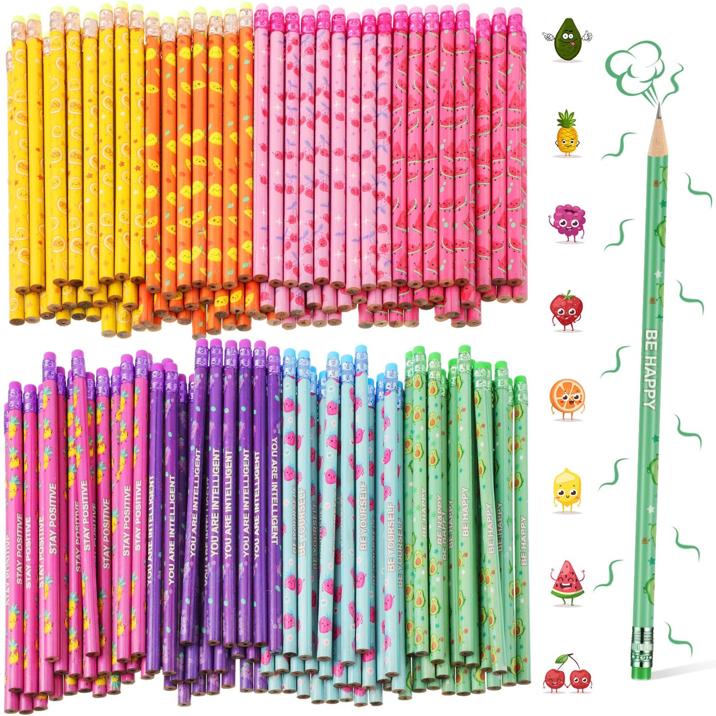 Leinuosen 300 Pcs Scented Pencils Bulk for Kids Inspirational Cute Fun Wood Pencils with Erasers Fruit Elements for School Classroom Office Students