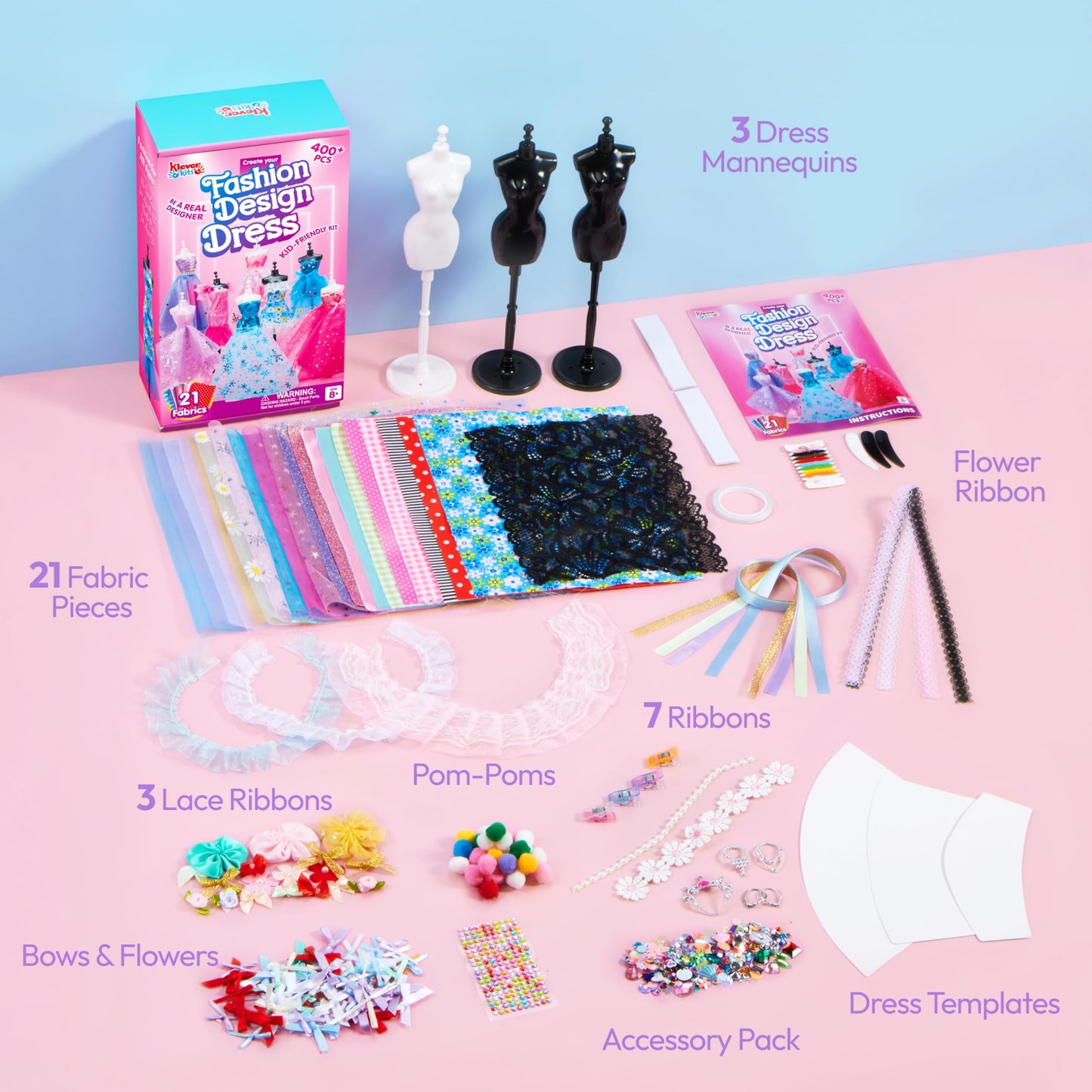 Klever Kits 400+PCS Fashion Design Crafts for Kids Art and Crafts Toy DIY Sewing Crafts with 3 Mannequins for Girls Aged 8-12，Christmas Toys Gifts for Kids