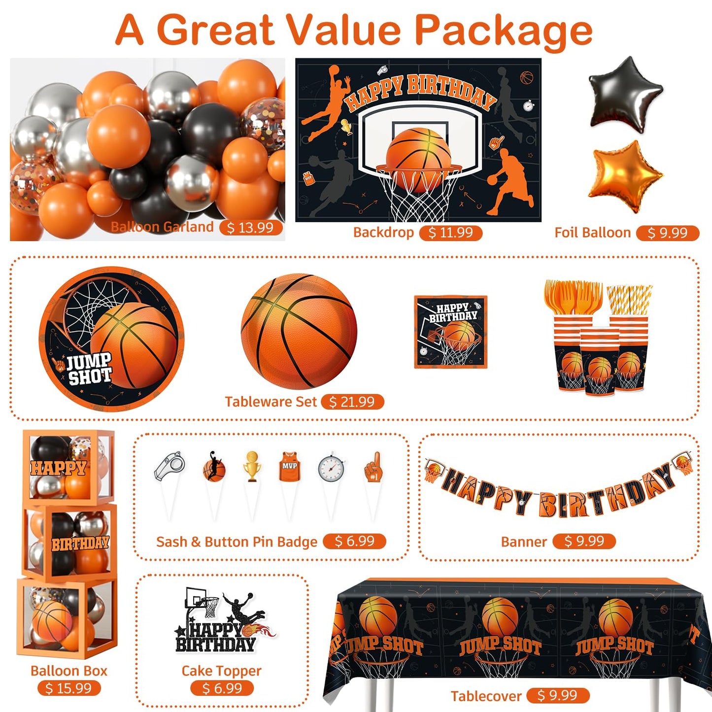 Fexivo 241pcs Basketball Party Decorations, All-in-one Party Set with 20 Serves Disposable Plates, Banner, 2 Tablecloths, Backdrop for Basketball Birthday Party Decorations