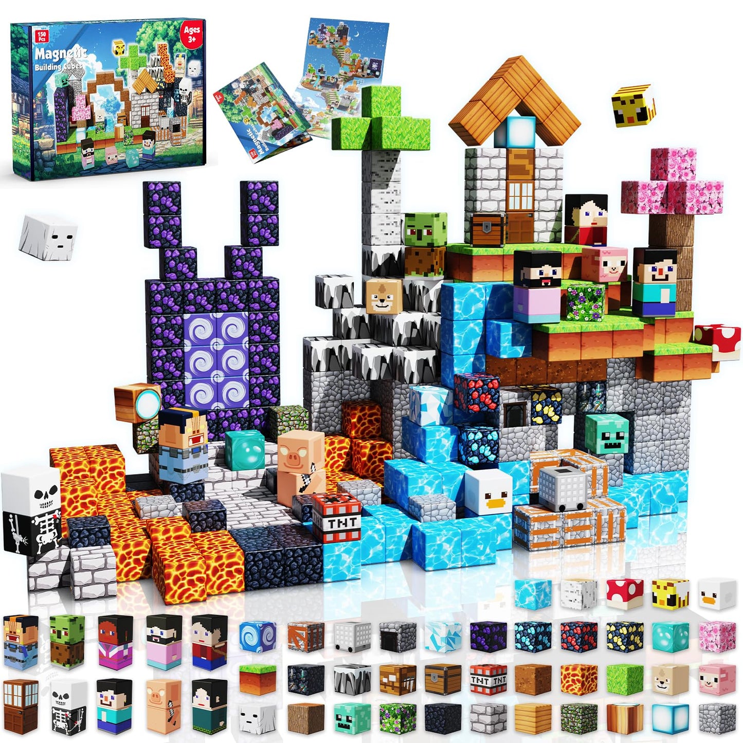 Magneverse 150 PCS 0.8in Magnetic Blocks - Magnet Toys, Magnetic Building Blocks Cubes, Stacking Magnets, School STEM Toys Birthday Gifts for Boys and Girls Age 3+ Years Old (Theme: Adventure World)