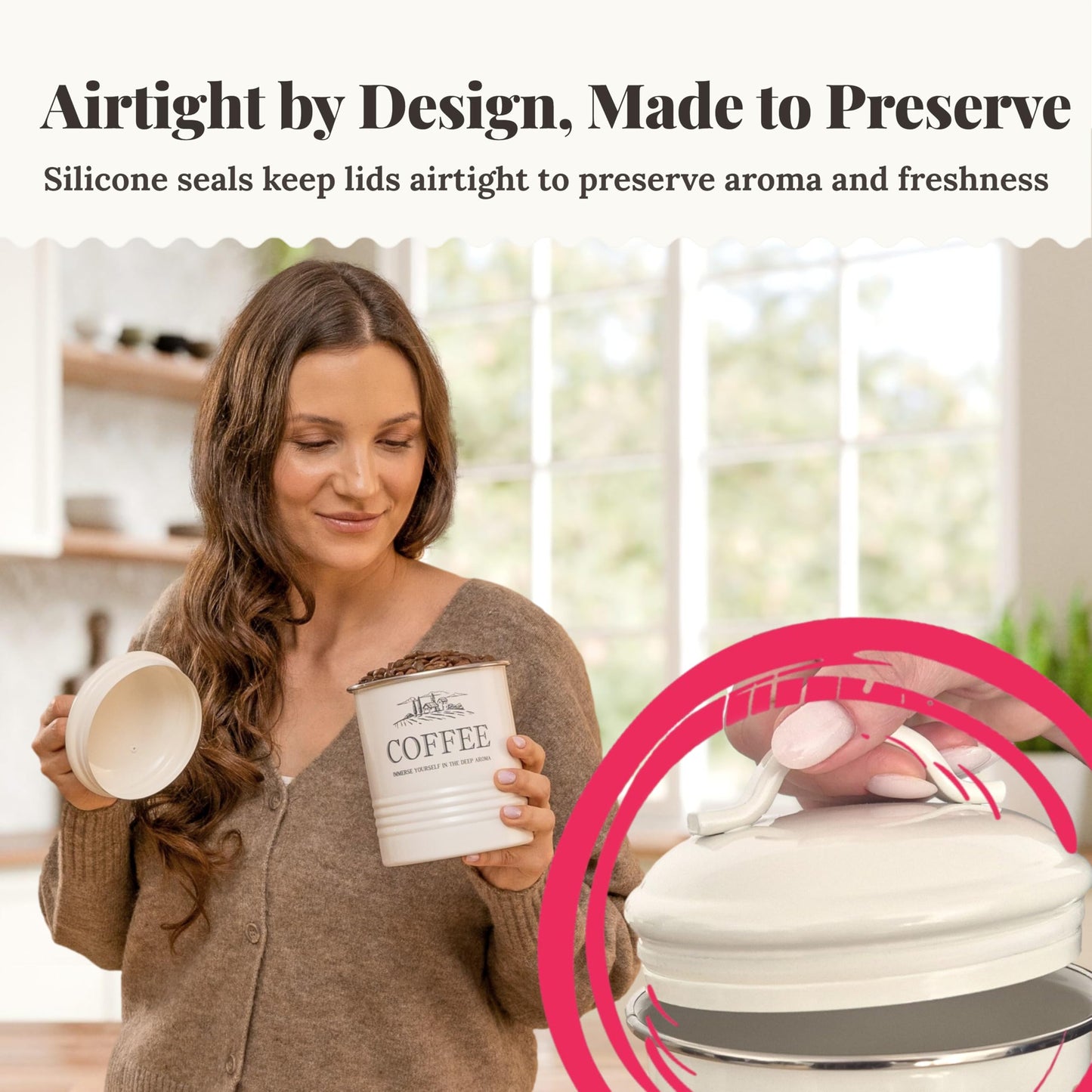 noonberry Kitchen Canisters for Countertop – 5-Piece Airtight Flour Sugar Coffee Tea Kitchen Canister Set with Utensil Holder – Sugar and Flour Containers for Kitchen Counter, Cream-White Finish