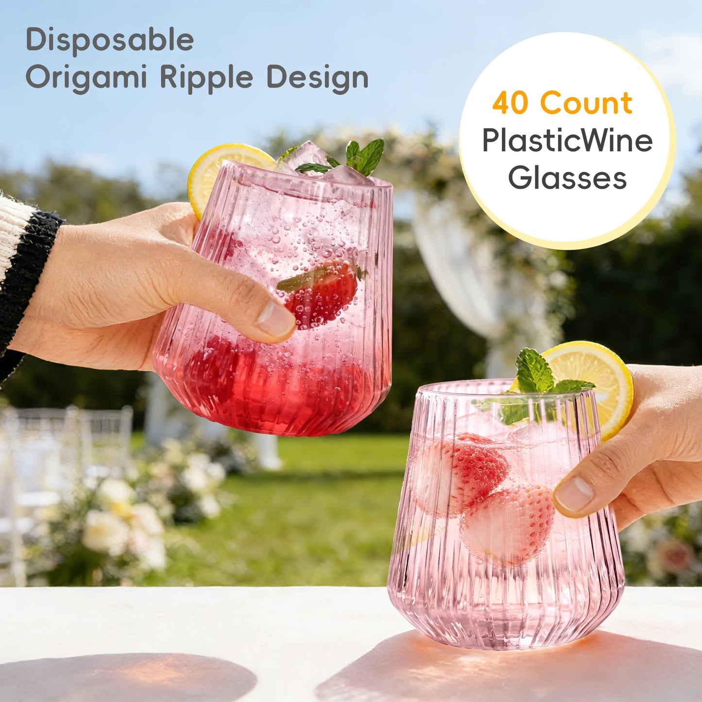 N9R 40 Count Pink Plastic Wine Glasses Disposable 14oz - Elegant Origami Ripple Design, Shatterproof & Disposable for Whiskey, Cocktail, Champagne, Parties, Weddings, Events
